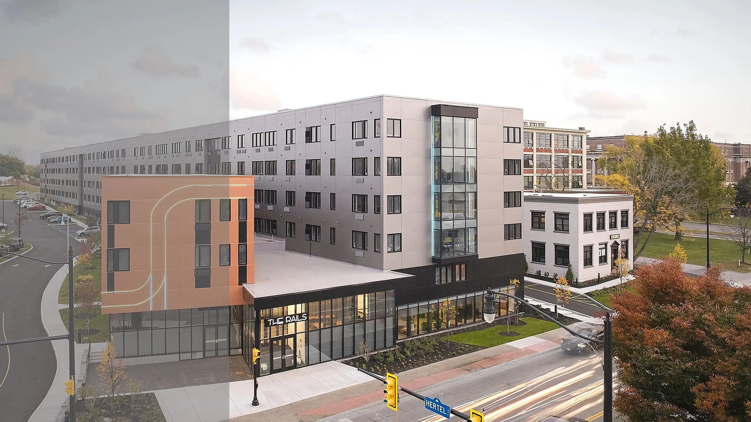 Front view of the Rails building showcasing its design, including modern features, large windows, and exterior elements.