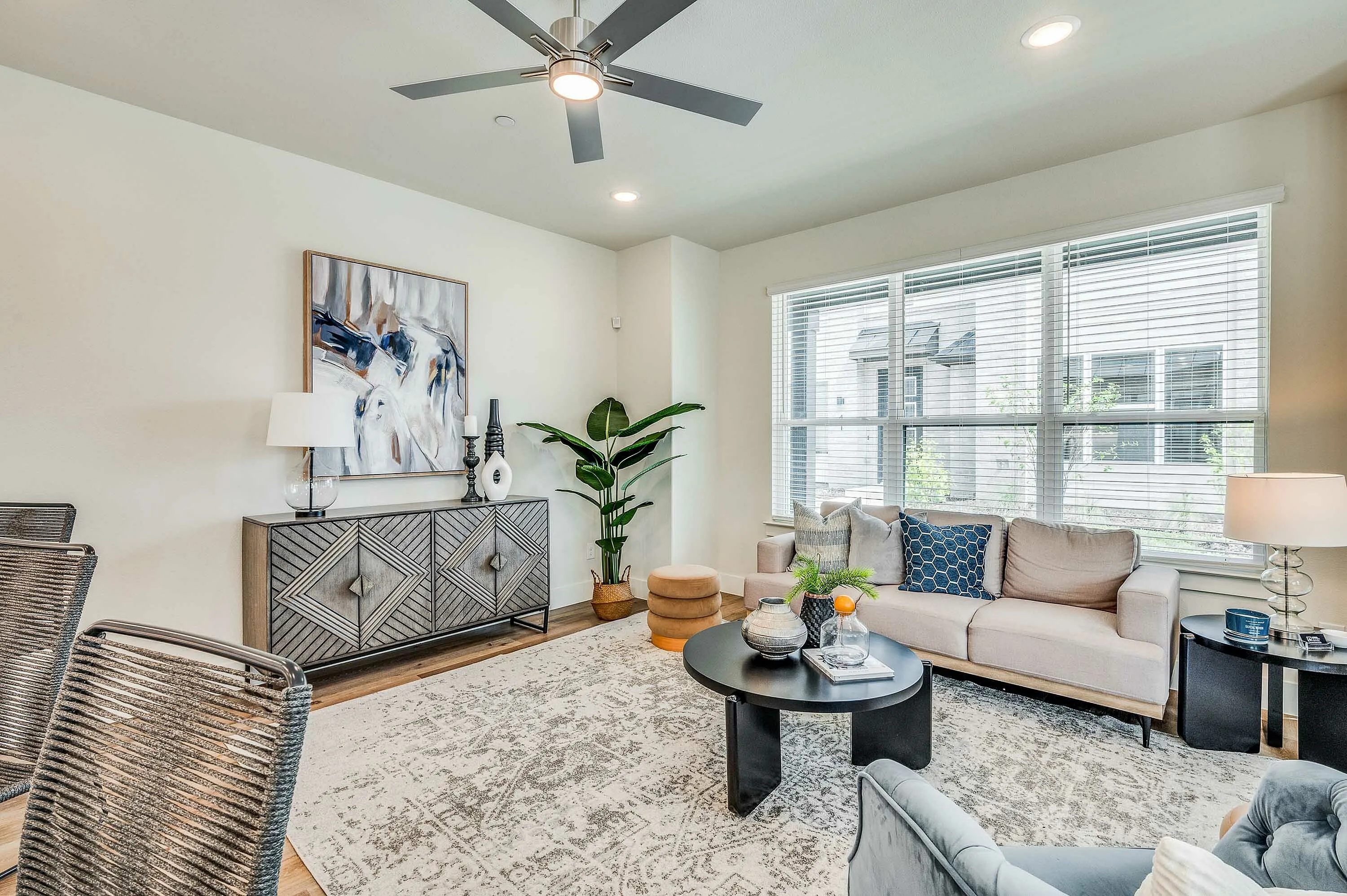 Furnished living room with hardwood style flooring and furniture