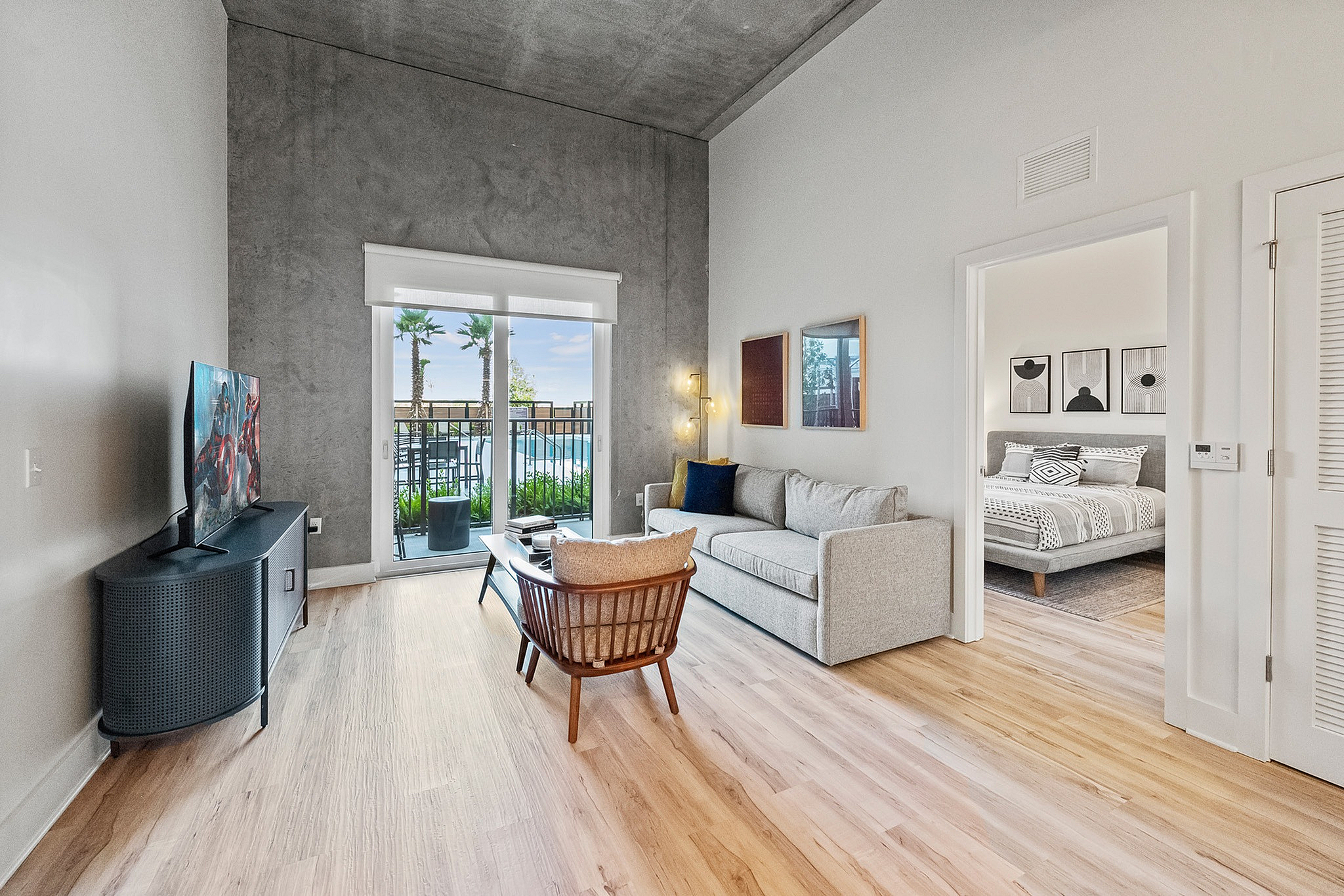 Stylish living room with accent wall and ceiling