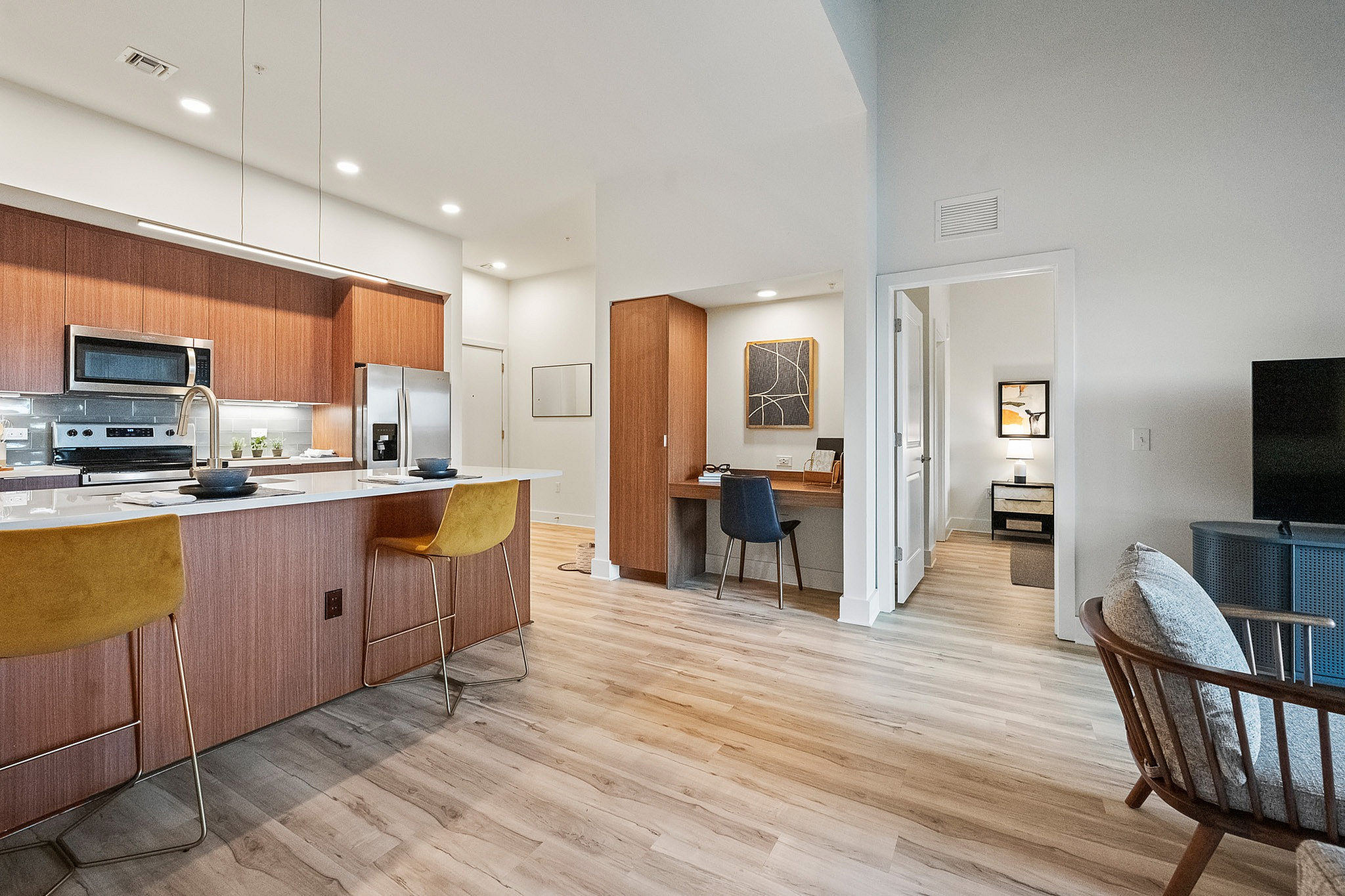 Open kitchen with built in work station