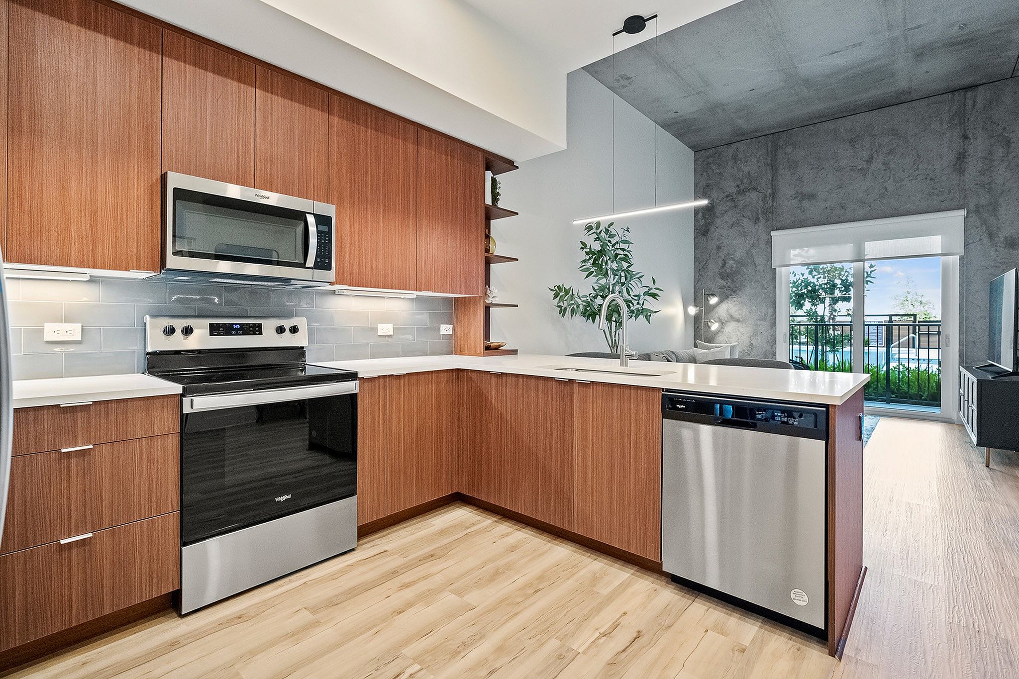 Modern kitchen overlooking living area