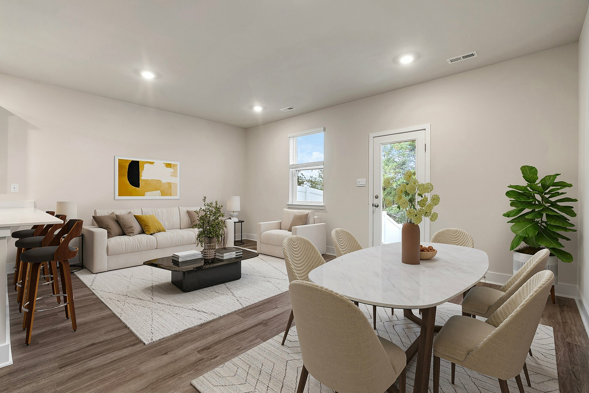 Virtually staged dining room and living room