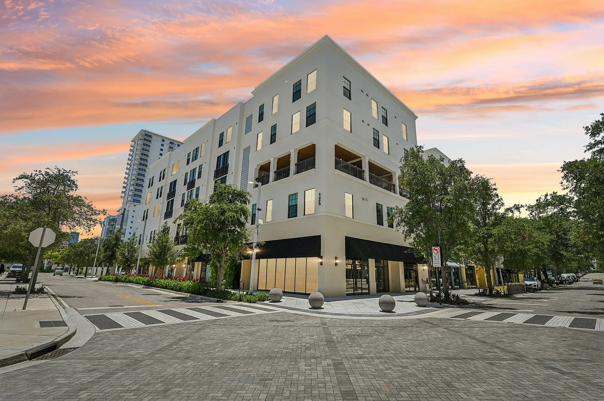 Exterior of community at sunset