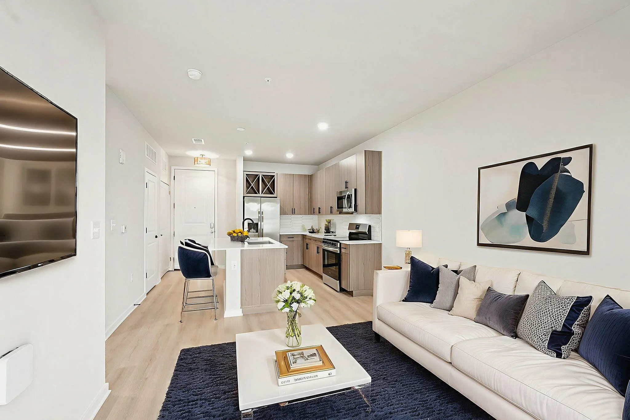 Staged One Bedroom Kitchen and Living