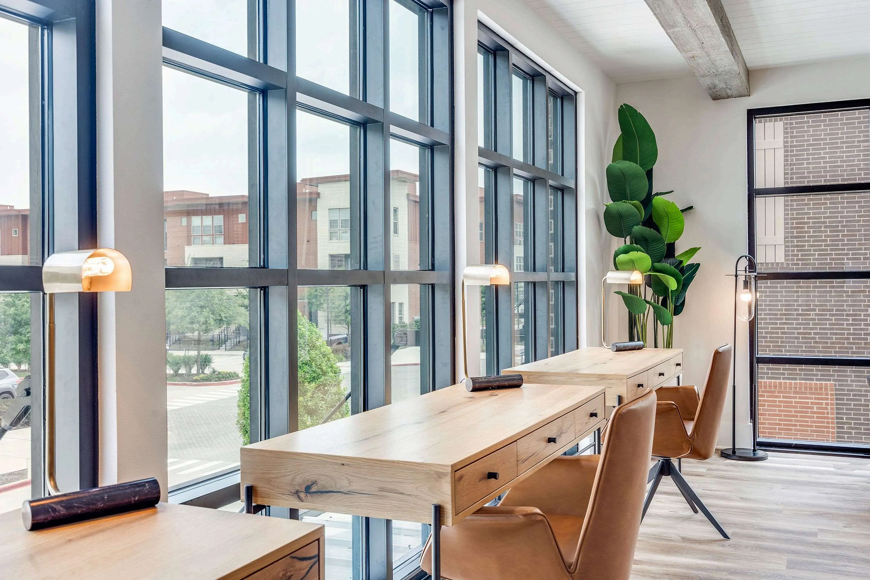 Bright workspace with large windows, featuring wooden desks and modern lighting. A tall plant adds a touch of greenery to the room.