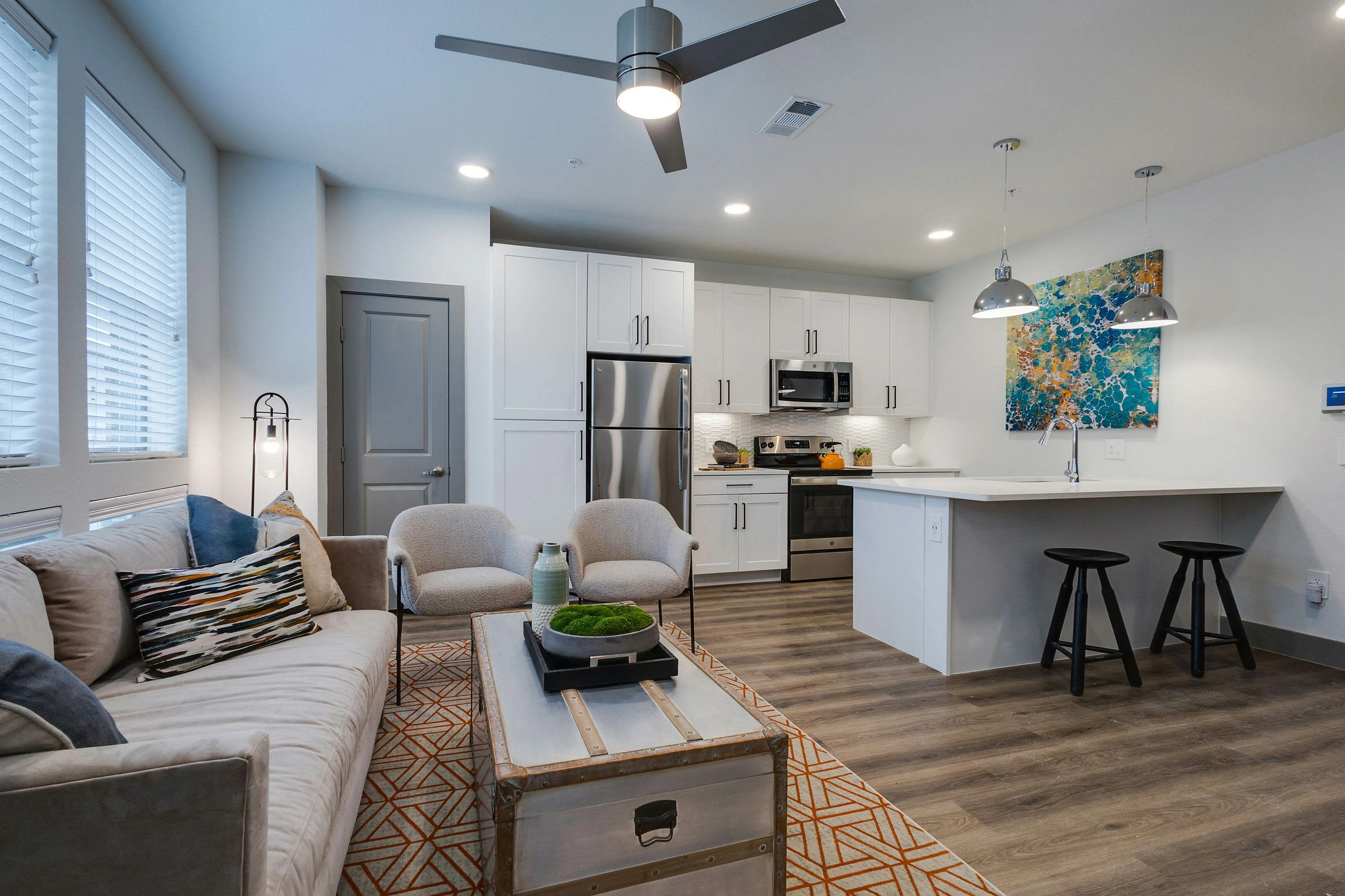 Living area and kitchen, open concept floor plan
