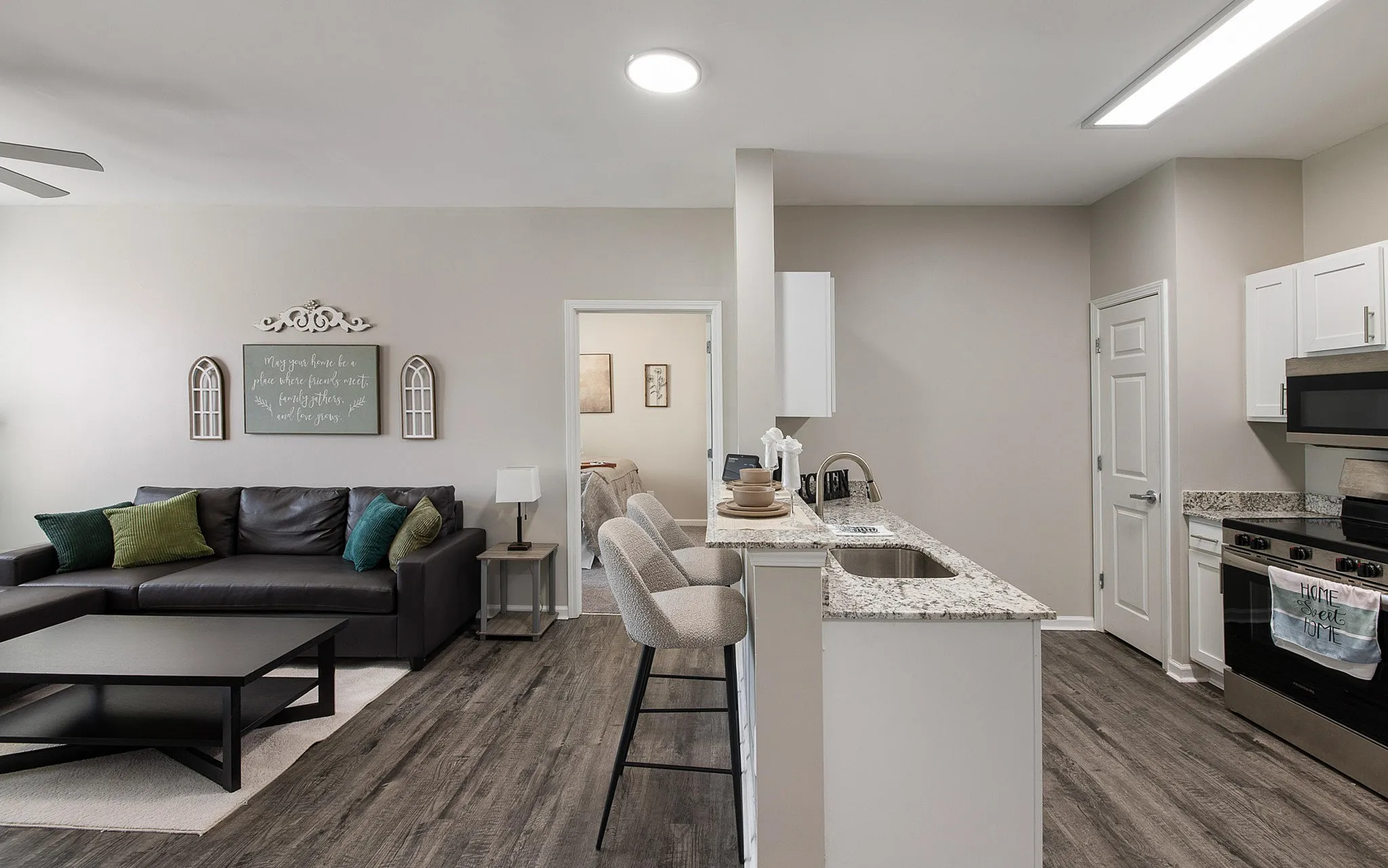Model home with black couch