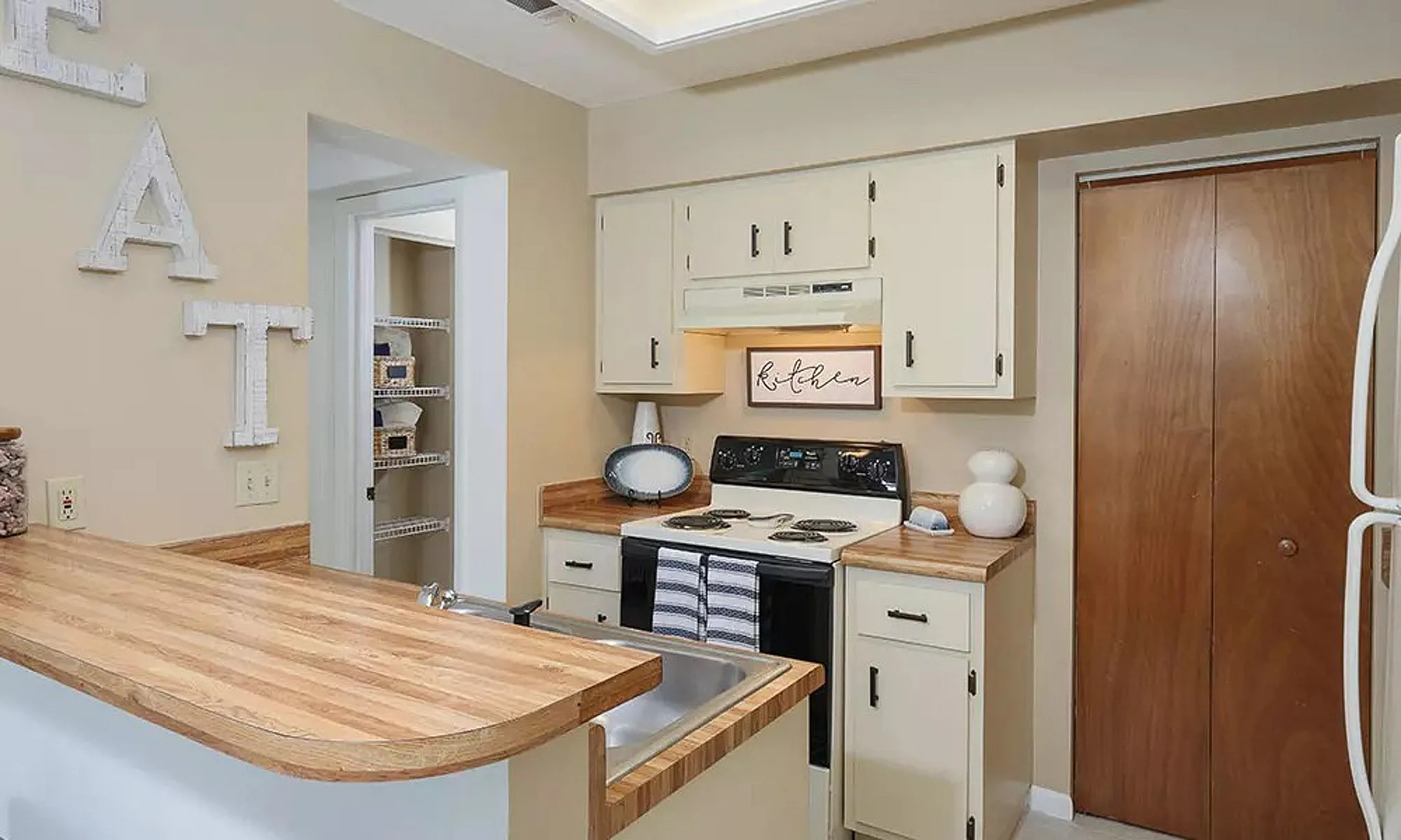view of kitchen with appliances and storage closet