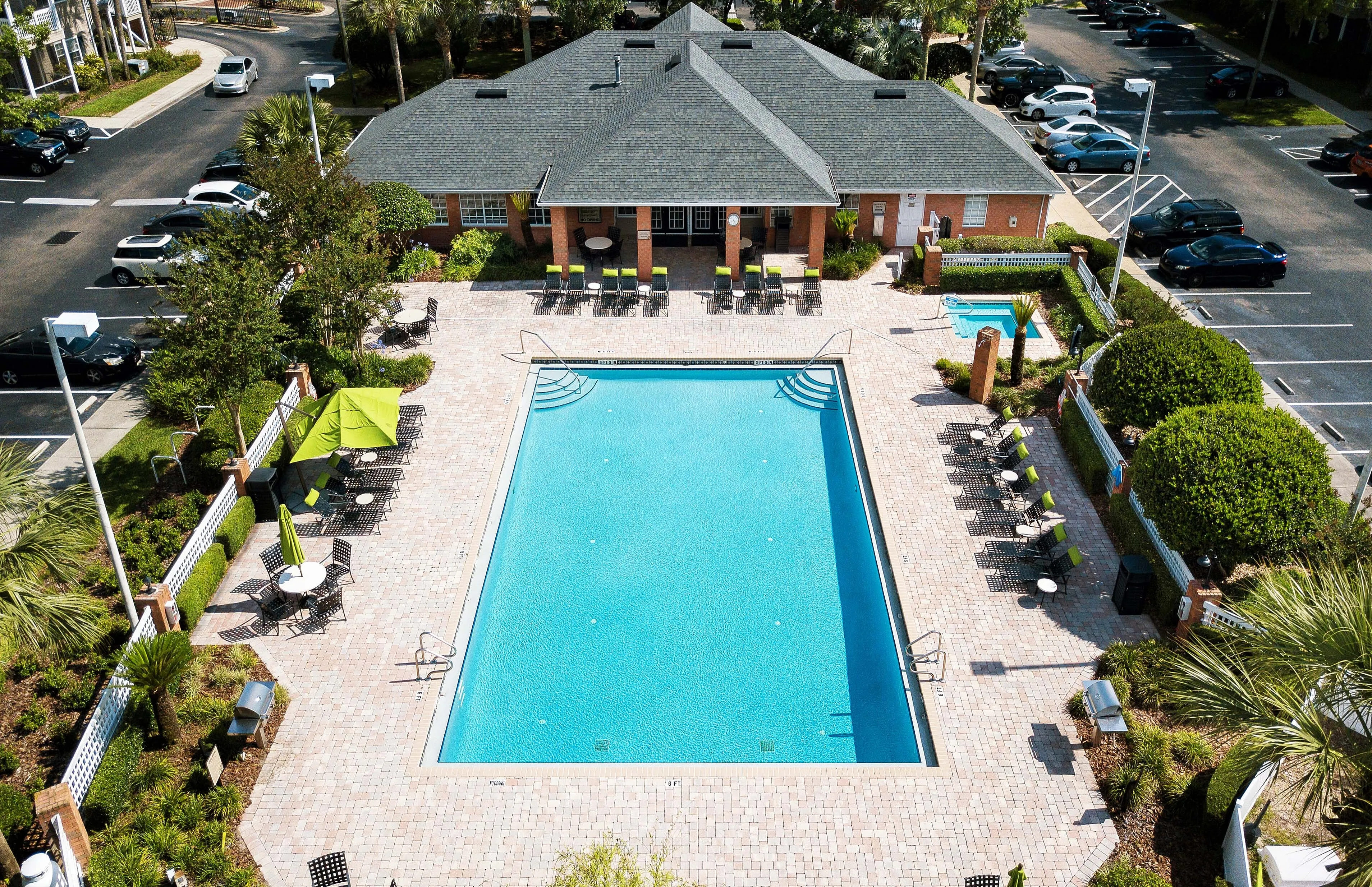 Drone photo of the pool and hot tub area
