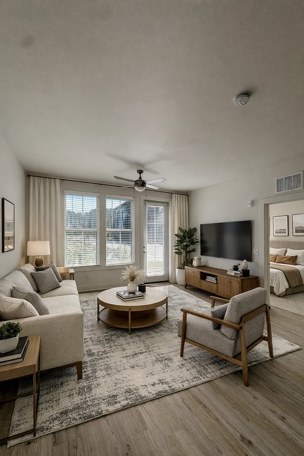 open living room with couch and tv