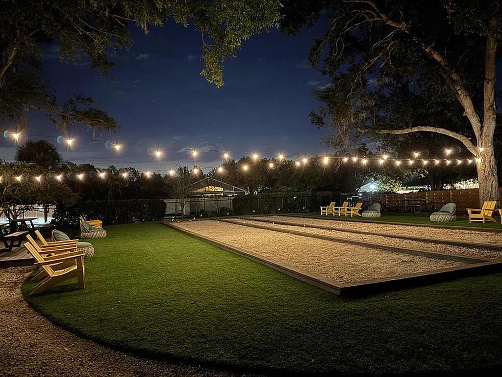 biergaten with twinkle lights and seating