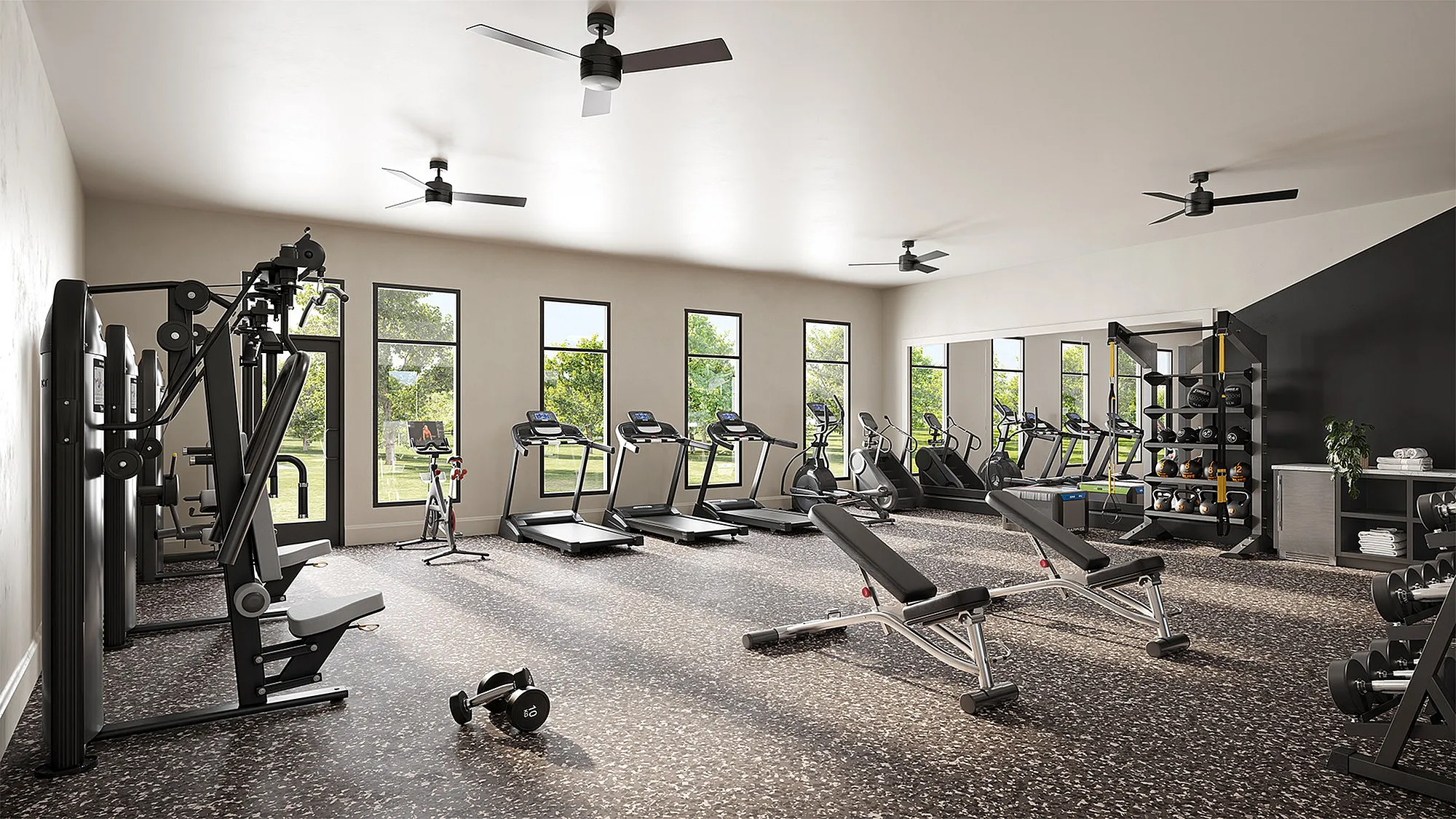 fitness center with cardio machines and free weights