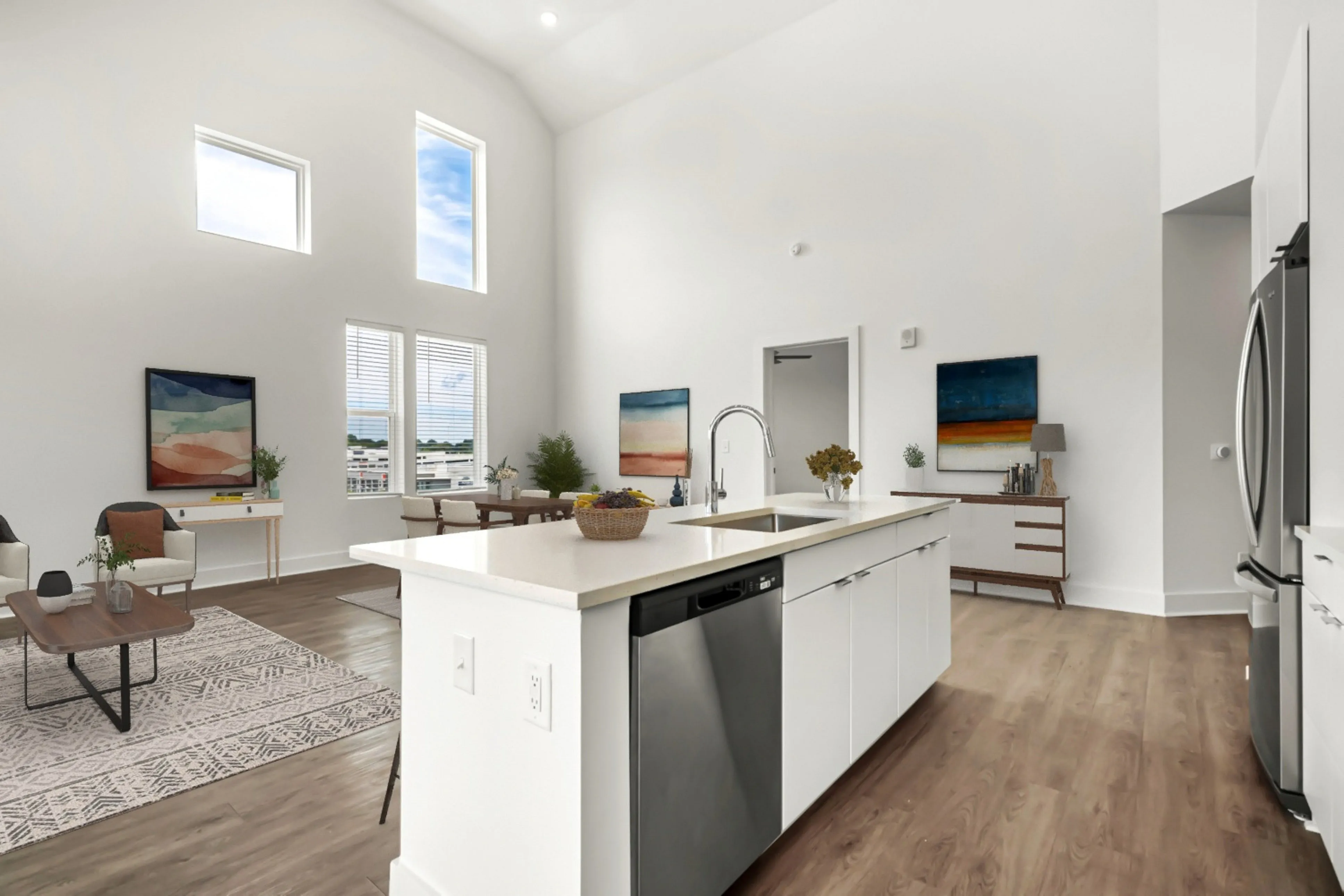kitchen with island and tall ceilings