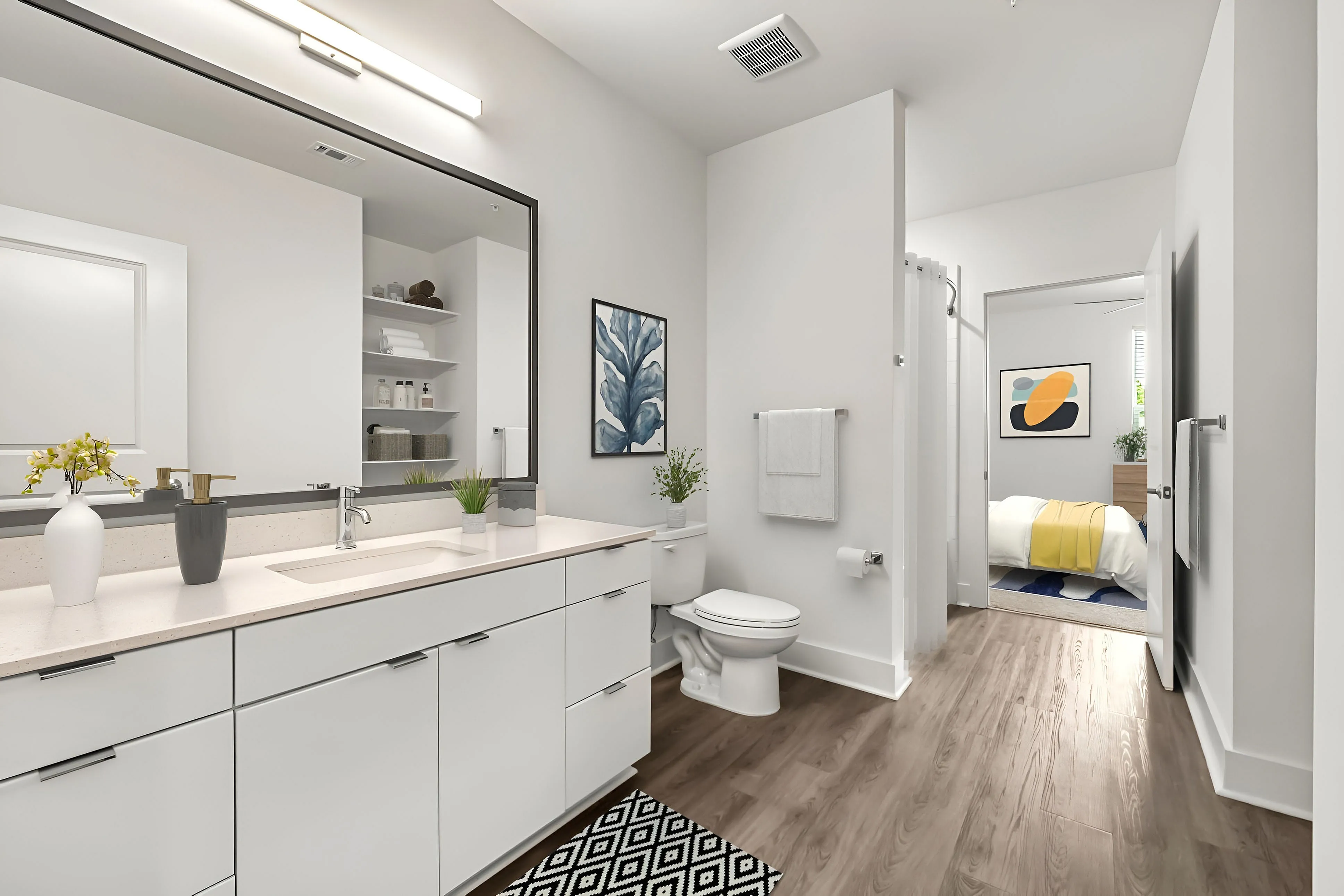 primary bathroom with wood style flooring