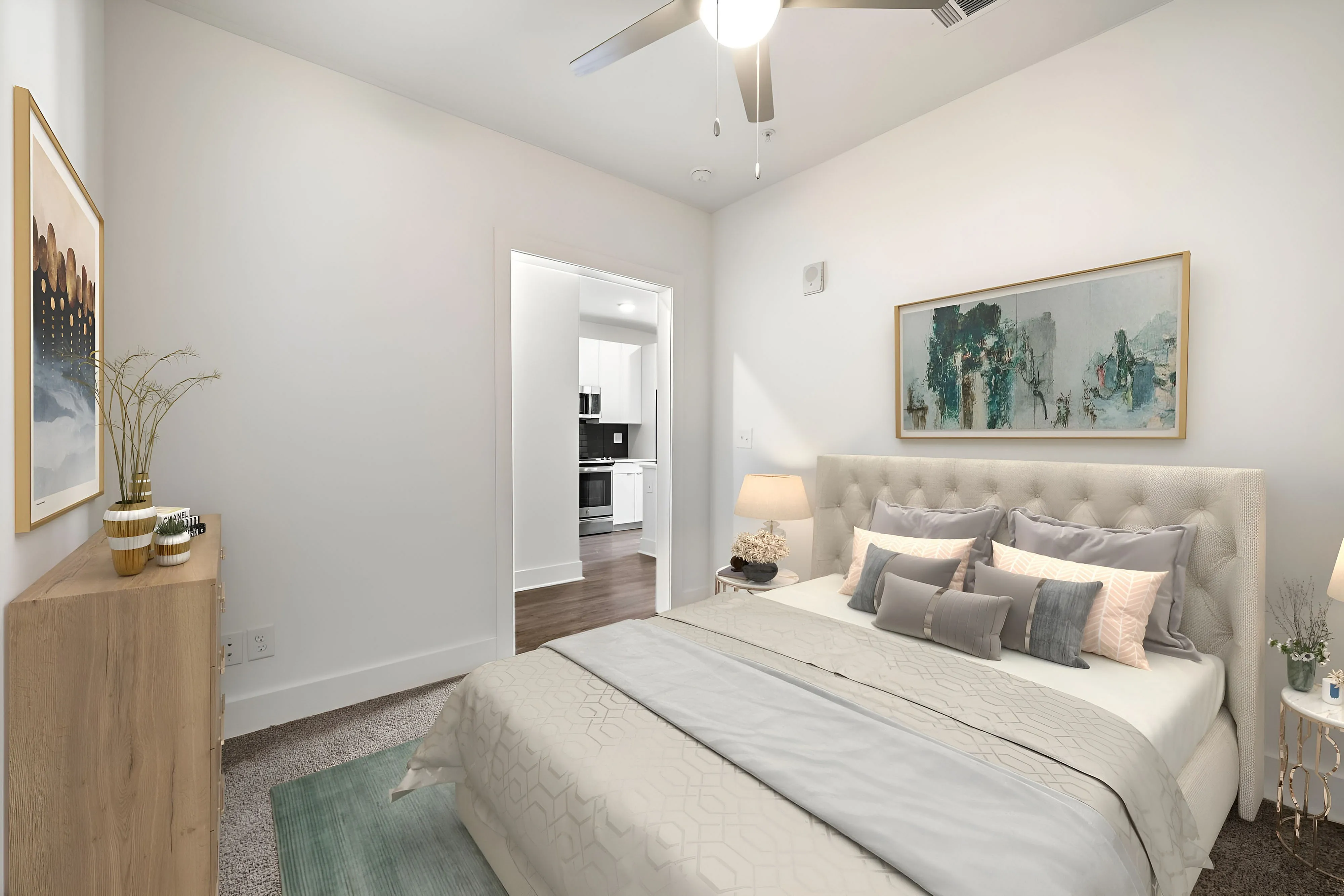 primary bedroom with carpet and ceiling fan