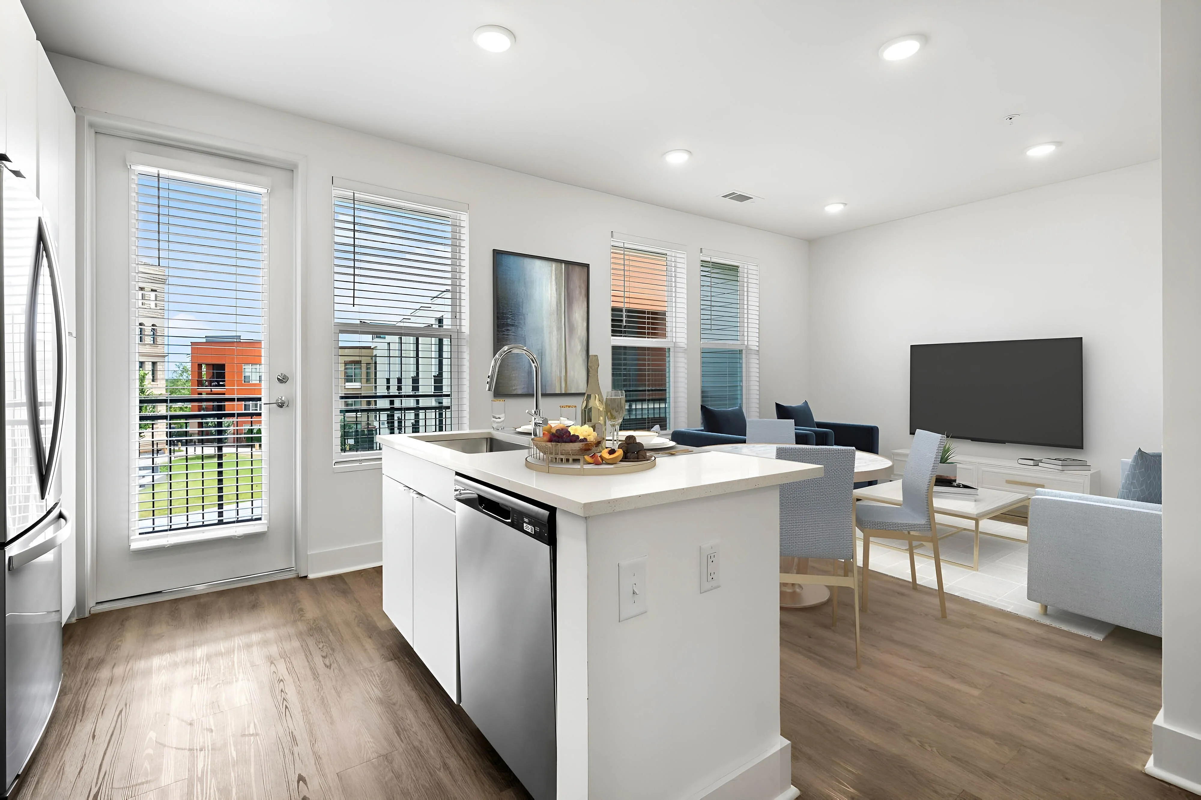 kitchen with island overlooking living area