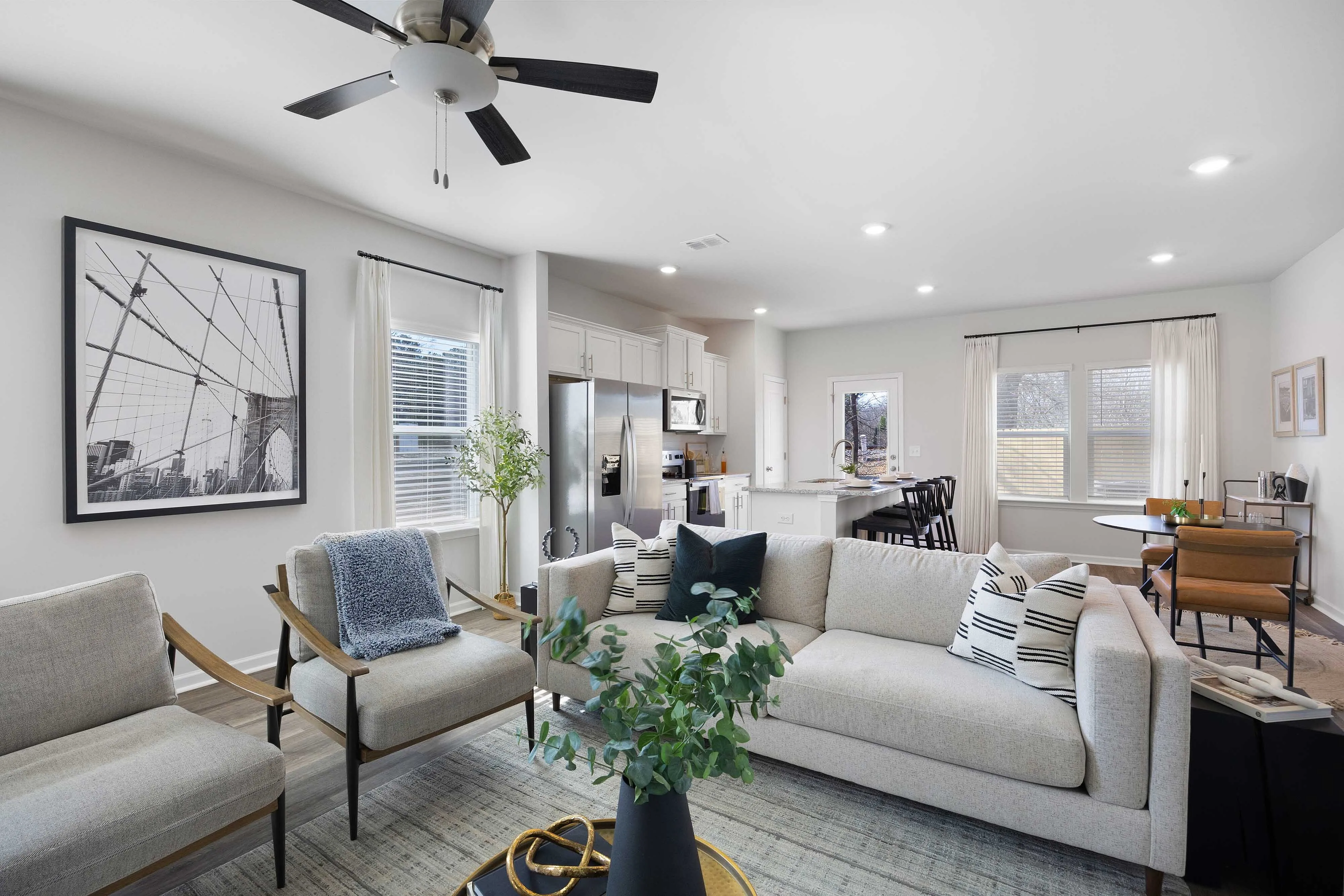 living area and kitchen and dining areas