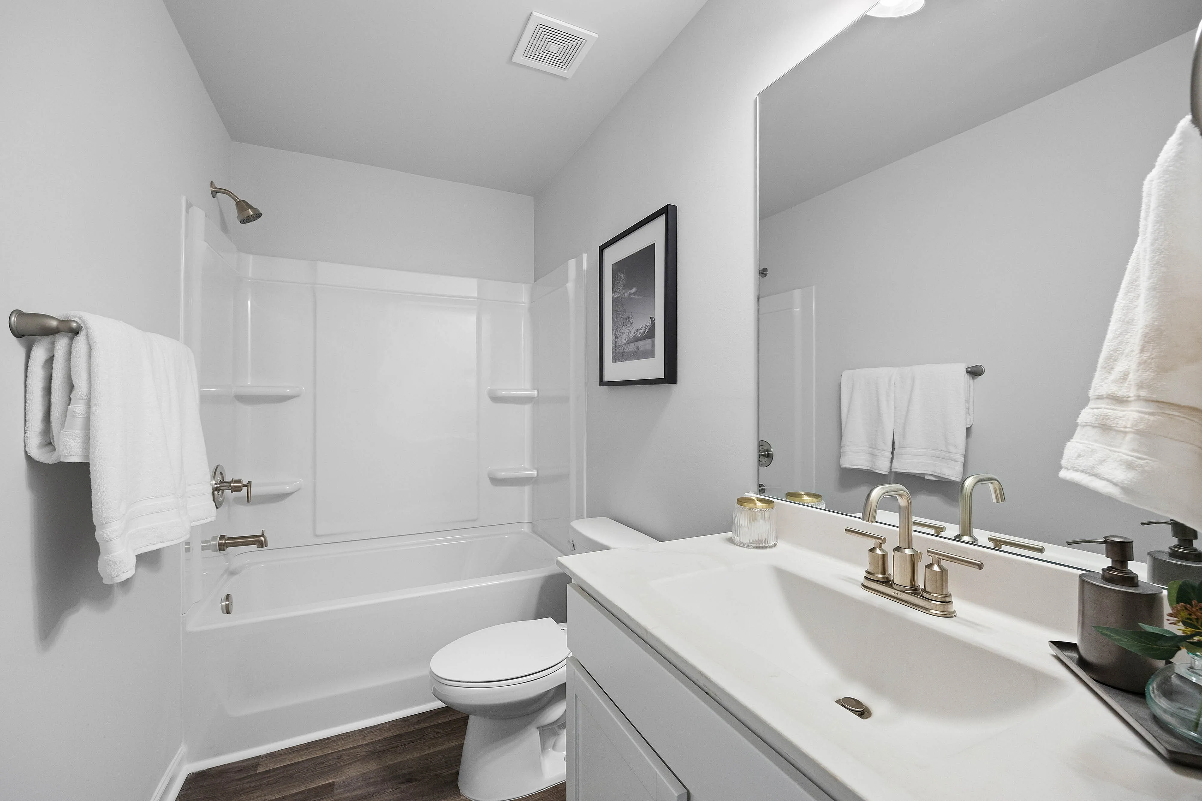 guest bathroom with shower tub combo