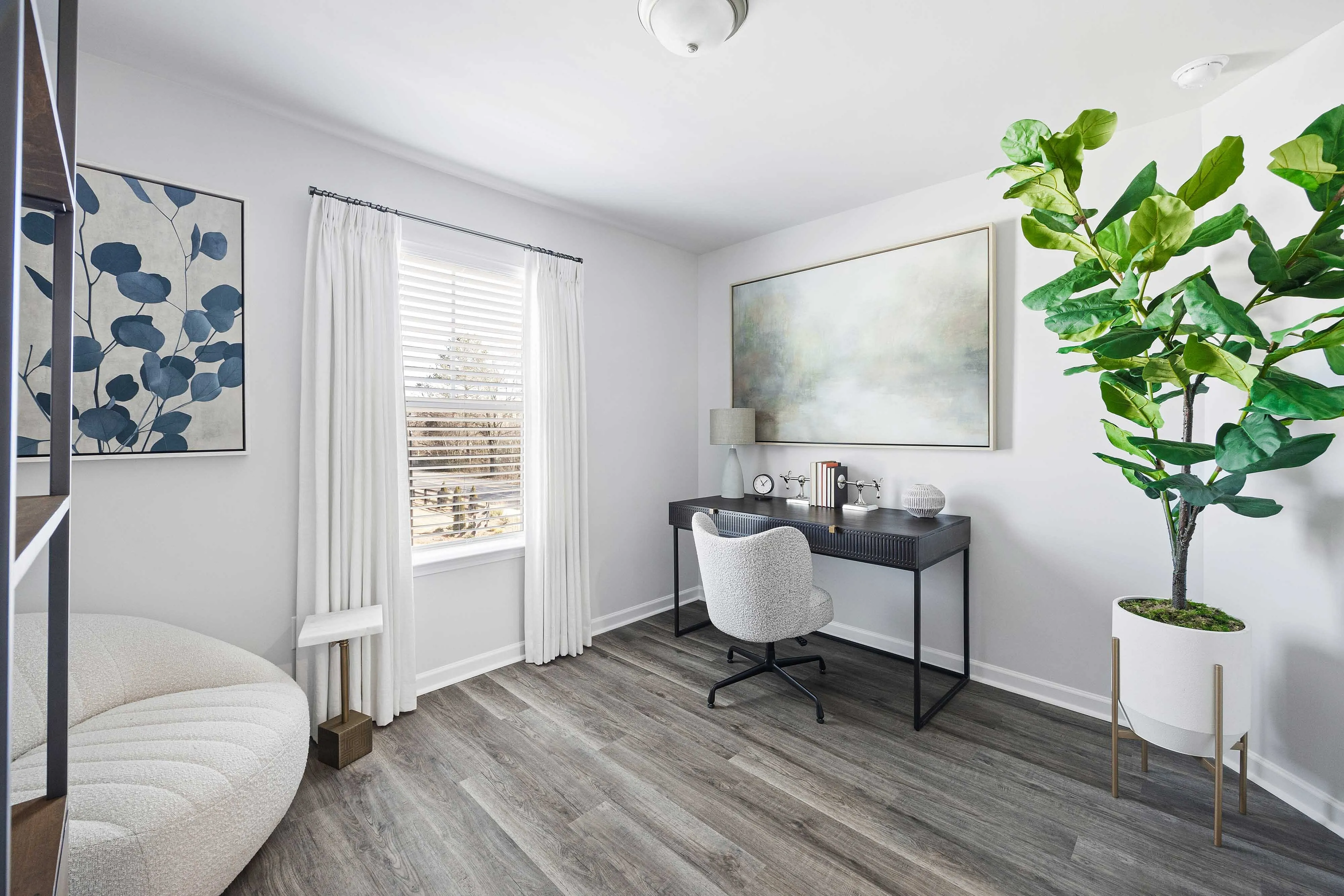 home office with wood style flooring