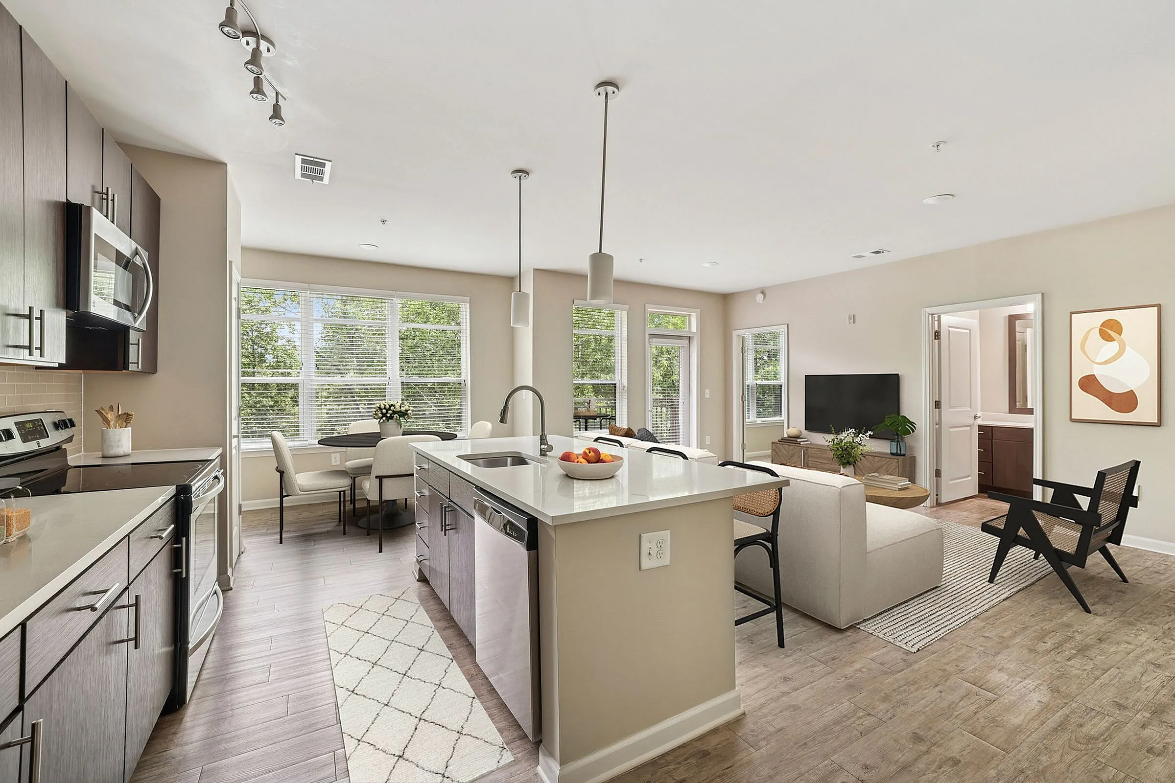Kitchen and living room virtually staged