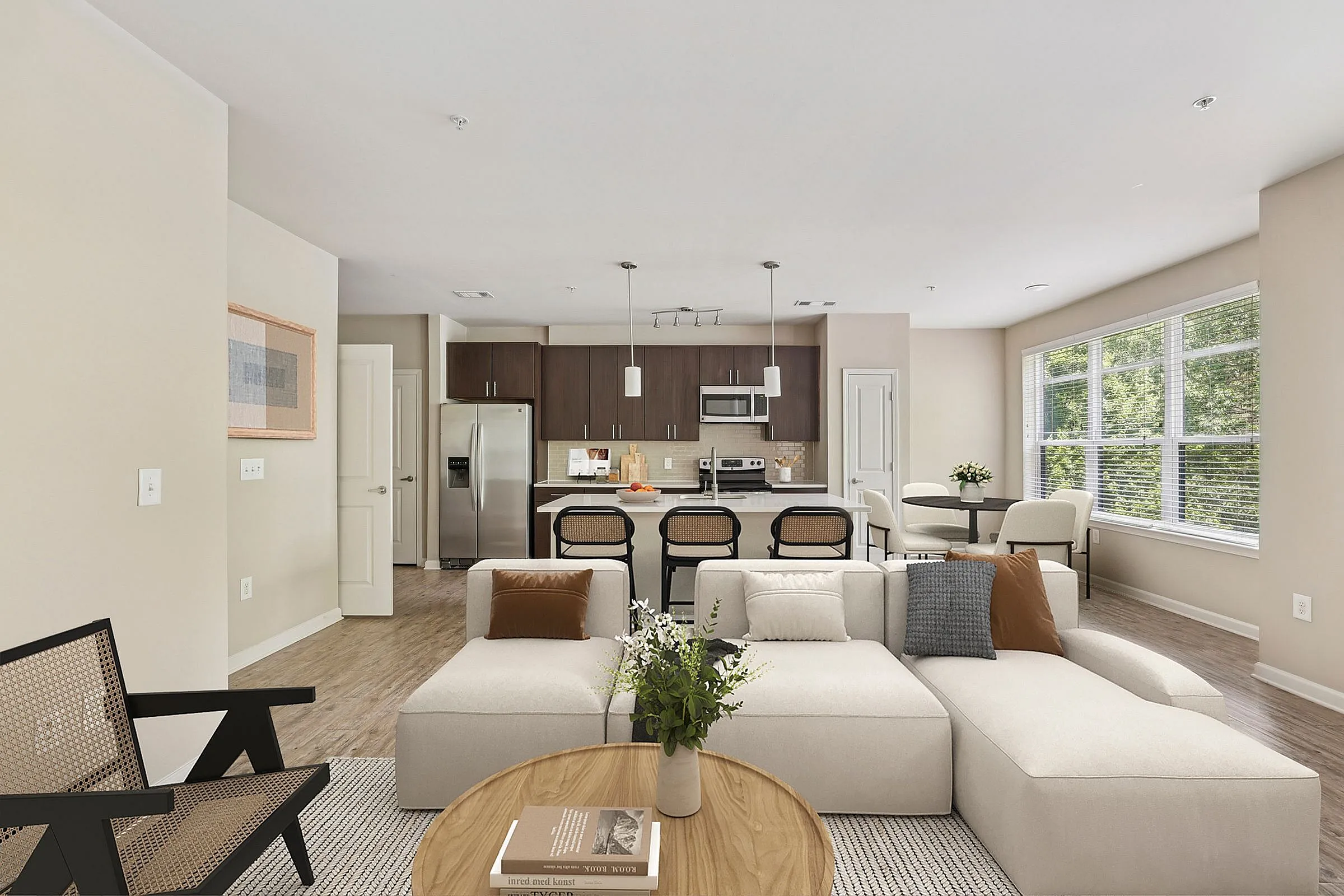 Kitchen and living room virtually staged