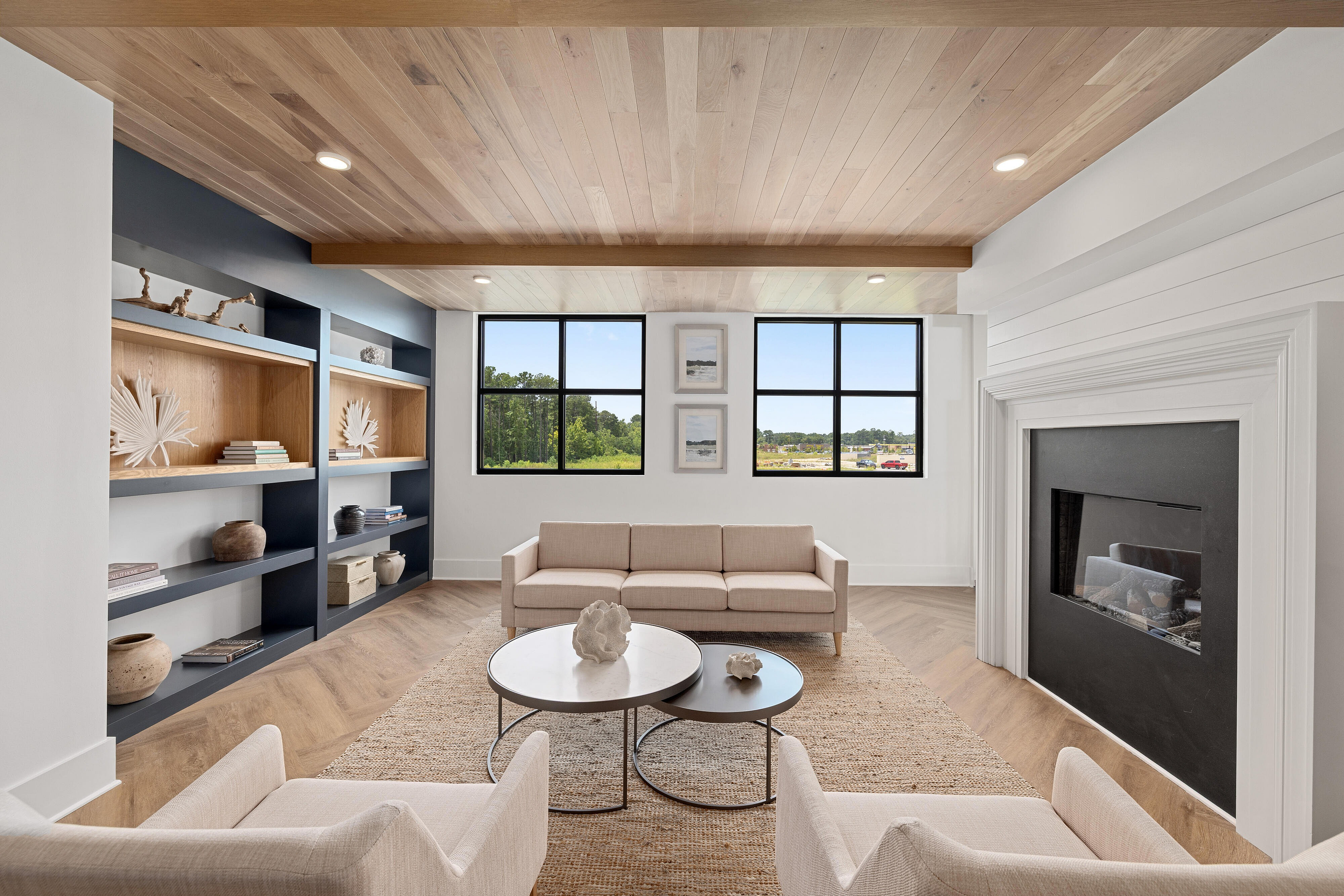 interior of community with seating and fireplace