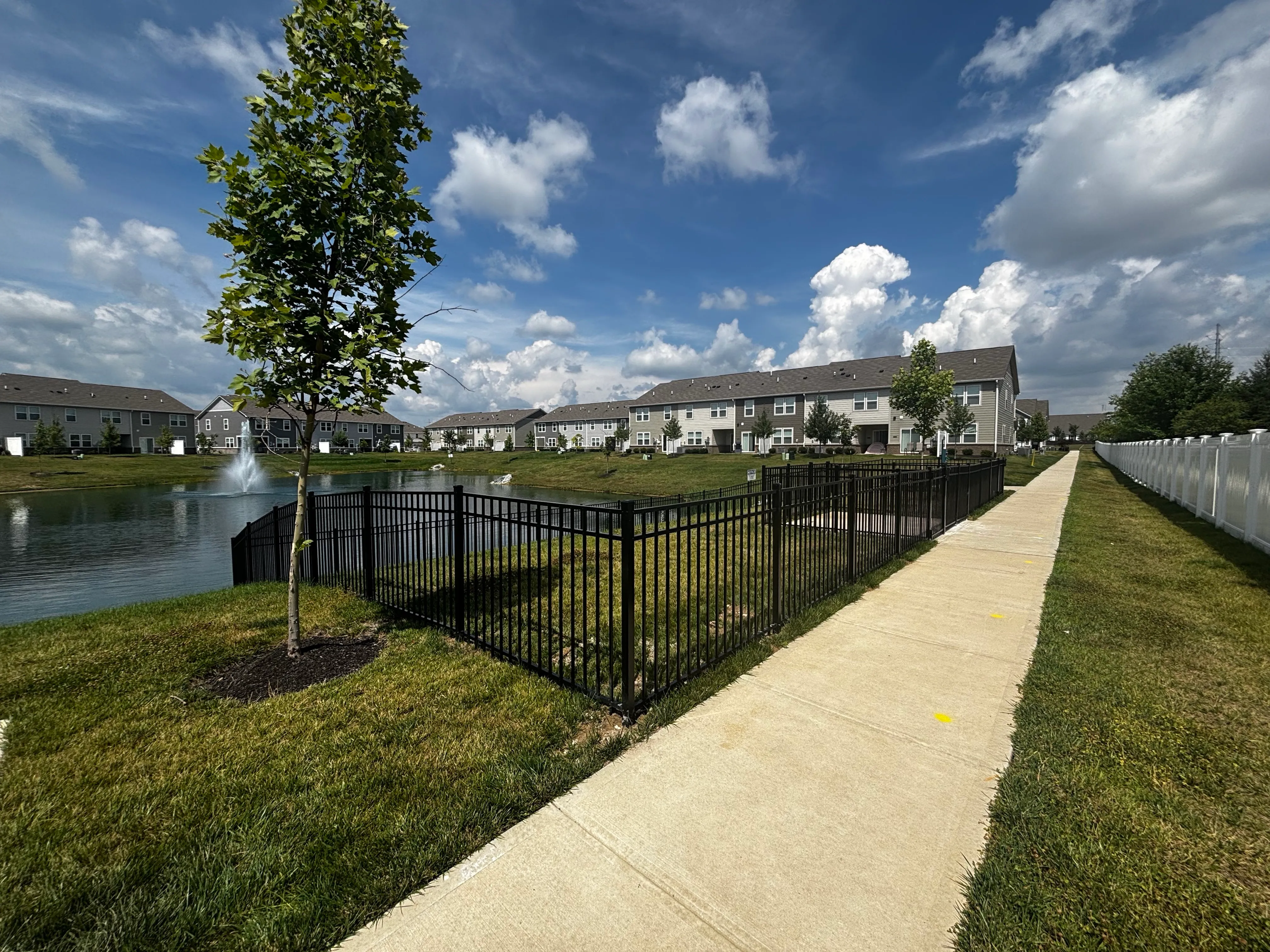 Charming neighborhood with modern homes overlooking a serene pond, featuring a scenic walking path and lush green lawns under a vibrant blue sky.