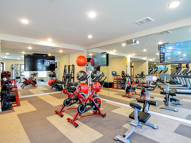 Modern fitness center featuring state-of-the-art exercise equipment, vibrant decor, and large mirrors, perfect for dynamic workouts.