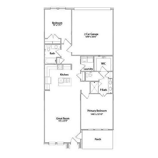 Poppy floor plan showing 2 bedrooms, 2 bathrooms, kitchen, great room, and 2 car garage in Legacy Park, 1367 sqft.
