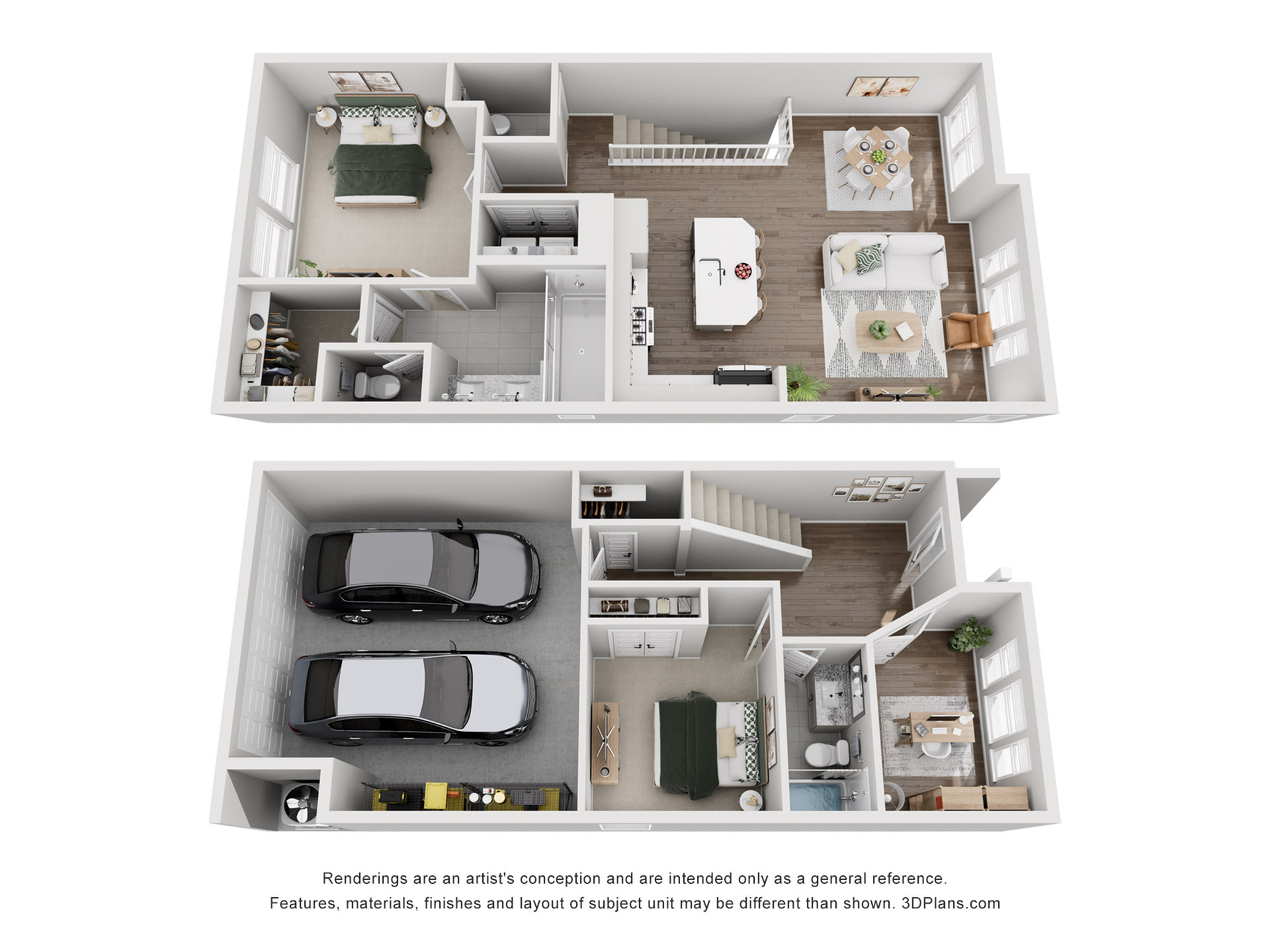 Two-story apartment floor plan with two bedrooms, spacious living room, modern kitchen, and garage.
