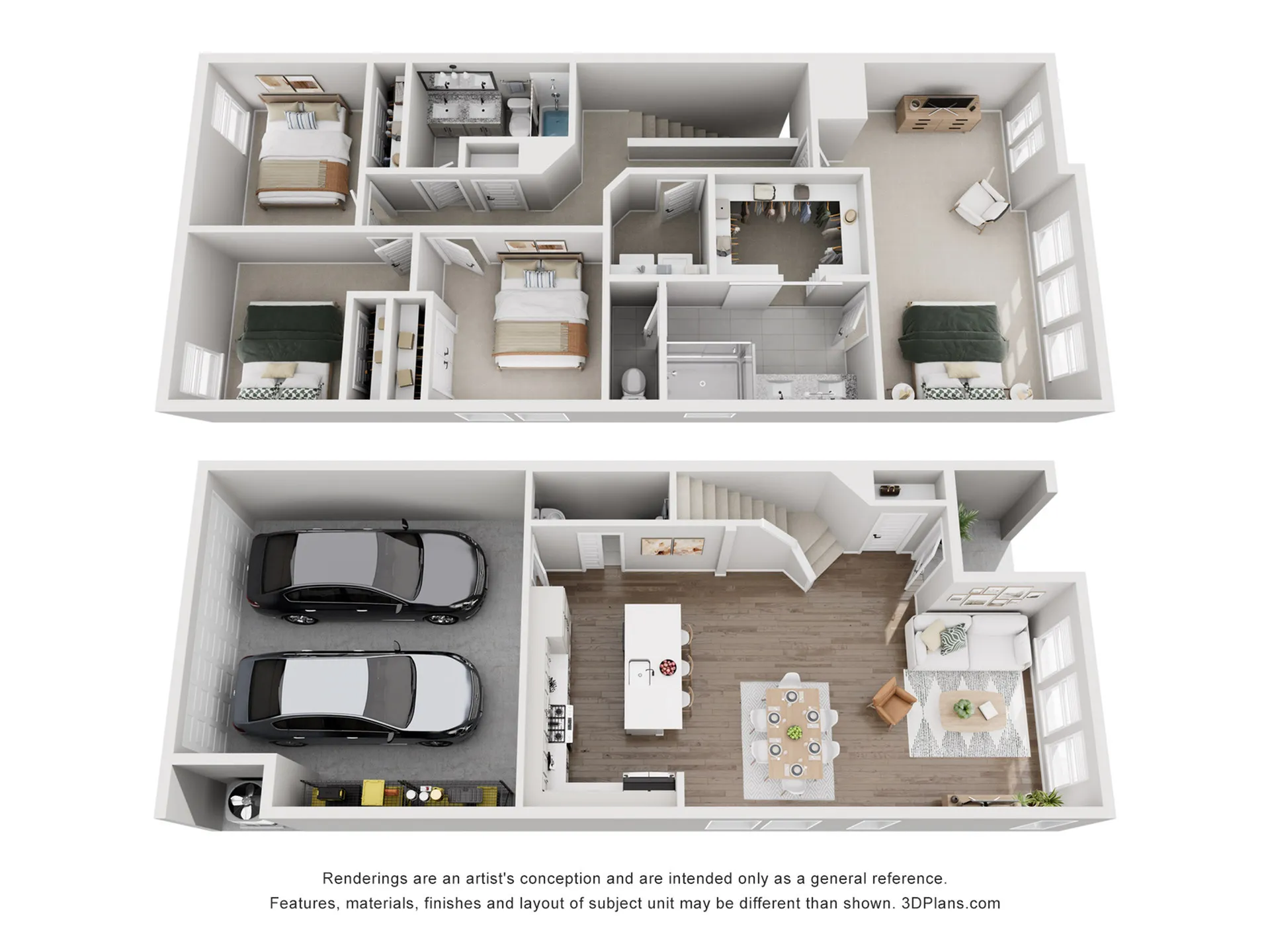 3D floor plan of a modern duplex with two bedrooms, cozy living room, spacious kitchen, and double garage.