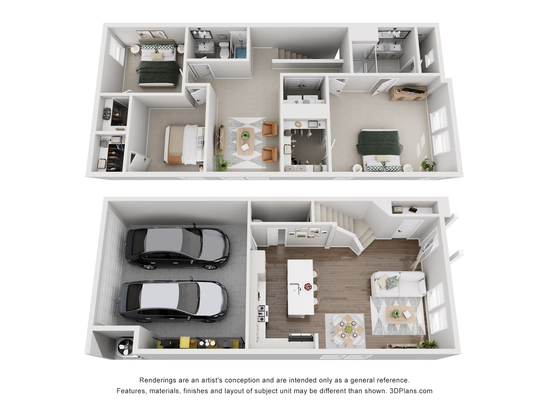 Stylish two-story duplex floor plan featuring 3 bedrooms, 2 bathrooms, a spacious living area, modern kitchen, and two-car garage.