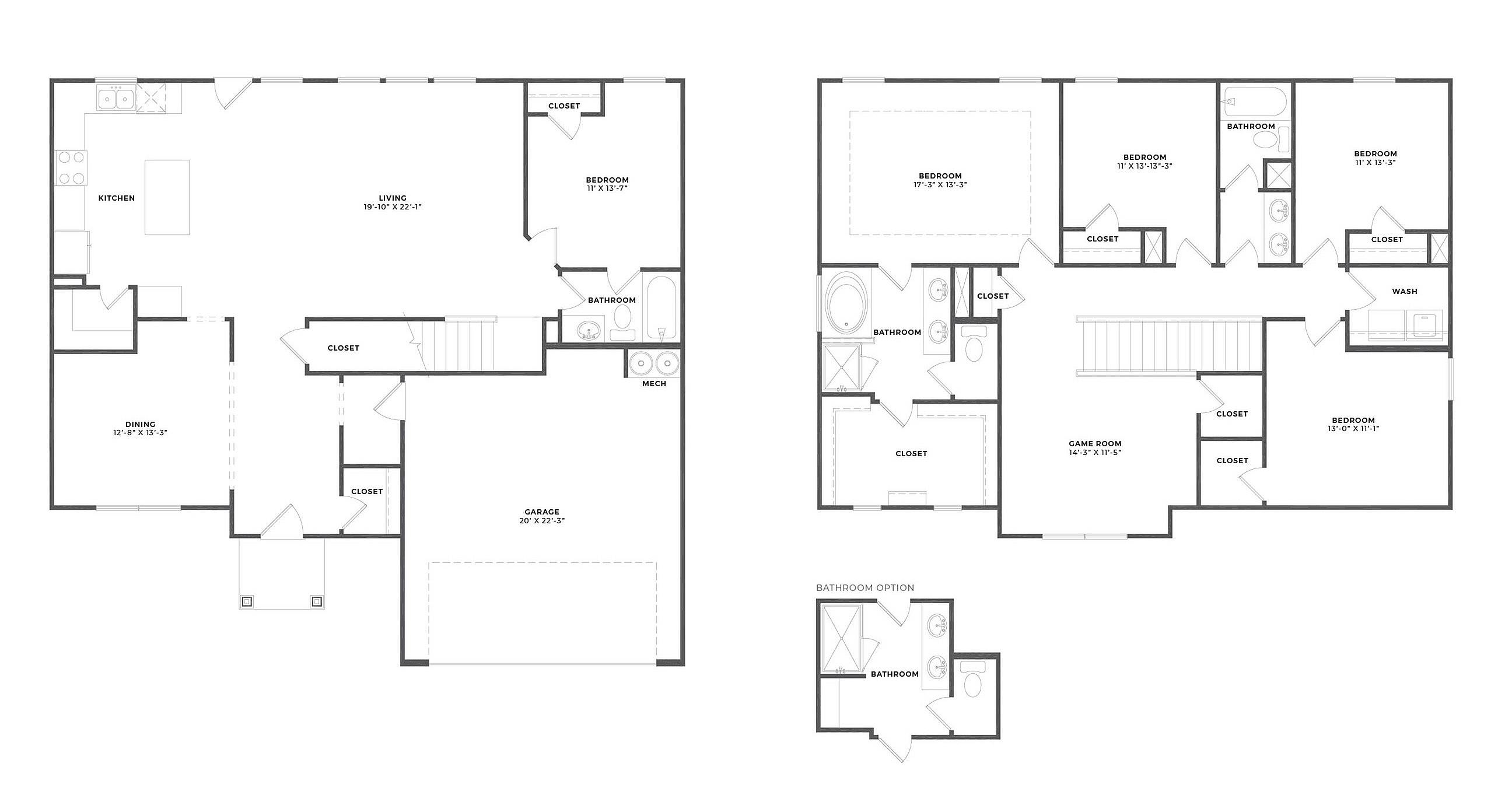 Elegant duplex floor plan with four bedrooms, spacious living and dining areas, and garage.