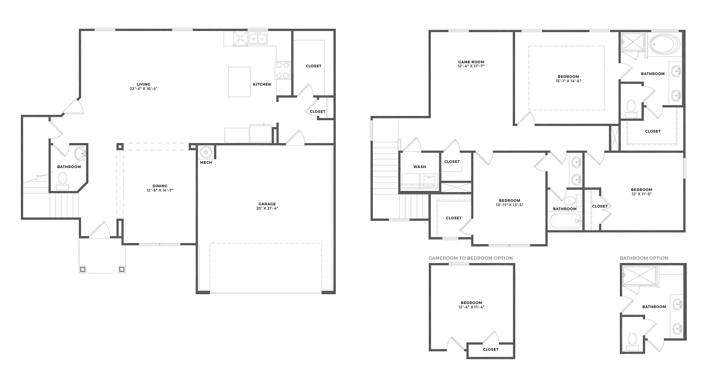 Spacious duplex floor plan featuring five bedrooms, three bathrooms, kitchen, dining area, and garage.