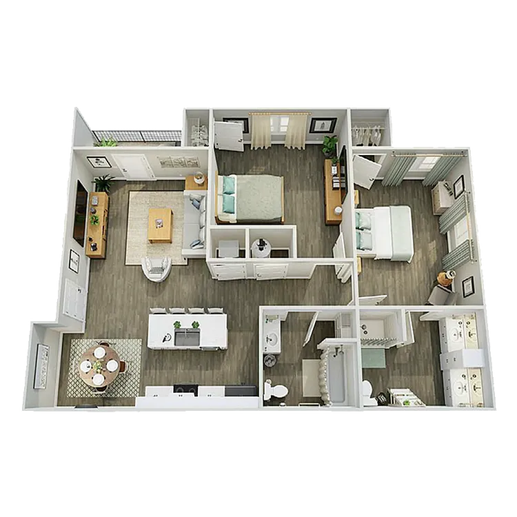 3D floor plan showcasing two bedrooms, an airy living space, modern kitchen, and dual bathrooms.