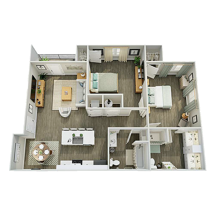 Elegant 3D floor plan with 2 bedrooms, open living, dining, and a modern kitchen.