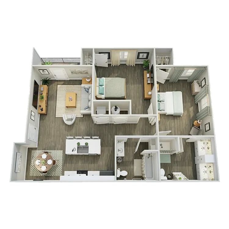 3D floor plan of an elegant apartment featuring two bedrooms, a modern kitchen, and a cozy living room.