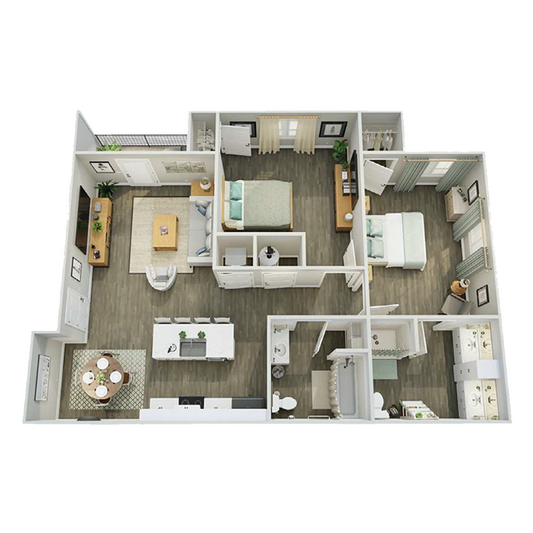Sophisticated 3D floor plan showcasing two bedrooms, a spacious living area, and a modern kitchen.