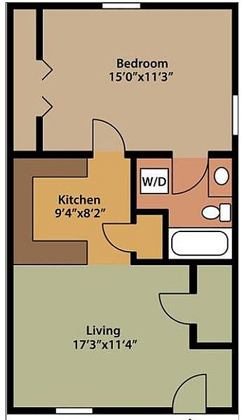 Efficient floor plan showing 1 bedroom, open living space, and a compact kitchen.