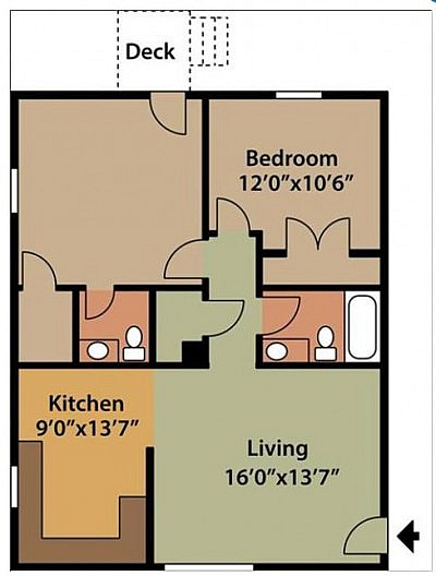 Charming floor plan with 1 bedroom, an inviting living area, and a functional kitchen opening to a deck.