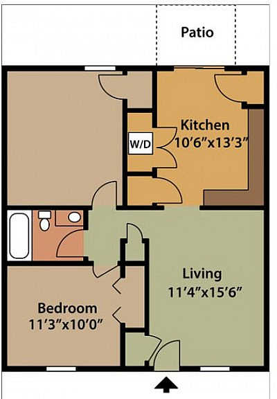 Inviting floor plan showcasing a spacious living room, a well-equipped kitchen, and one bedroom with an adjoining patio.