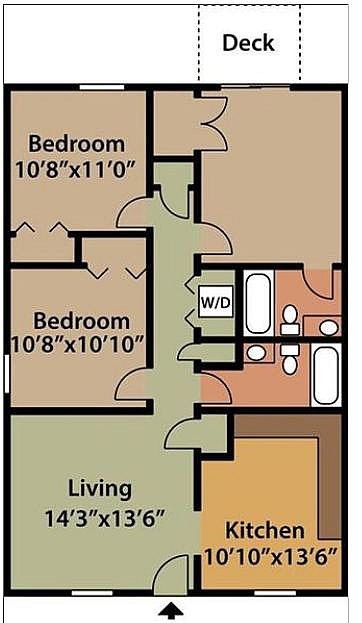 3D floor plan with two bedrooms, a spacious living room, and a modern kitchen, featuring a cozy deck.