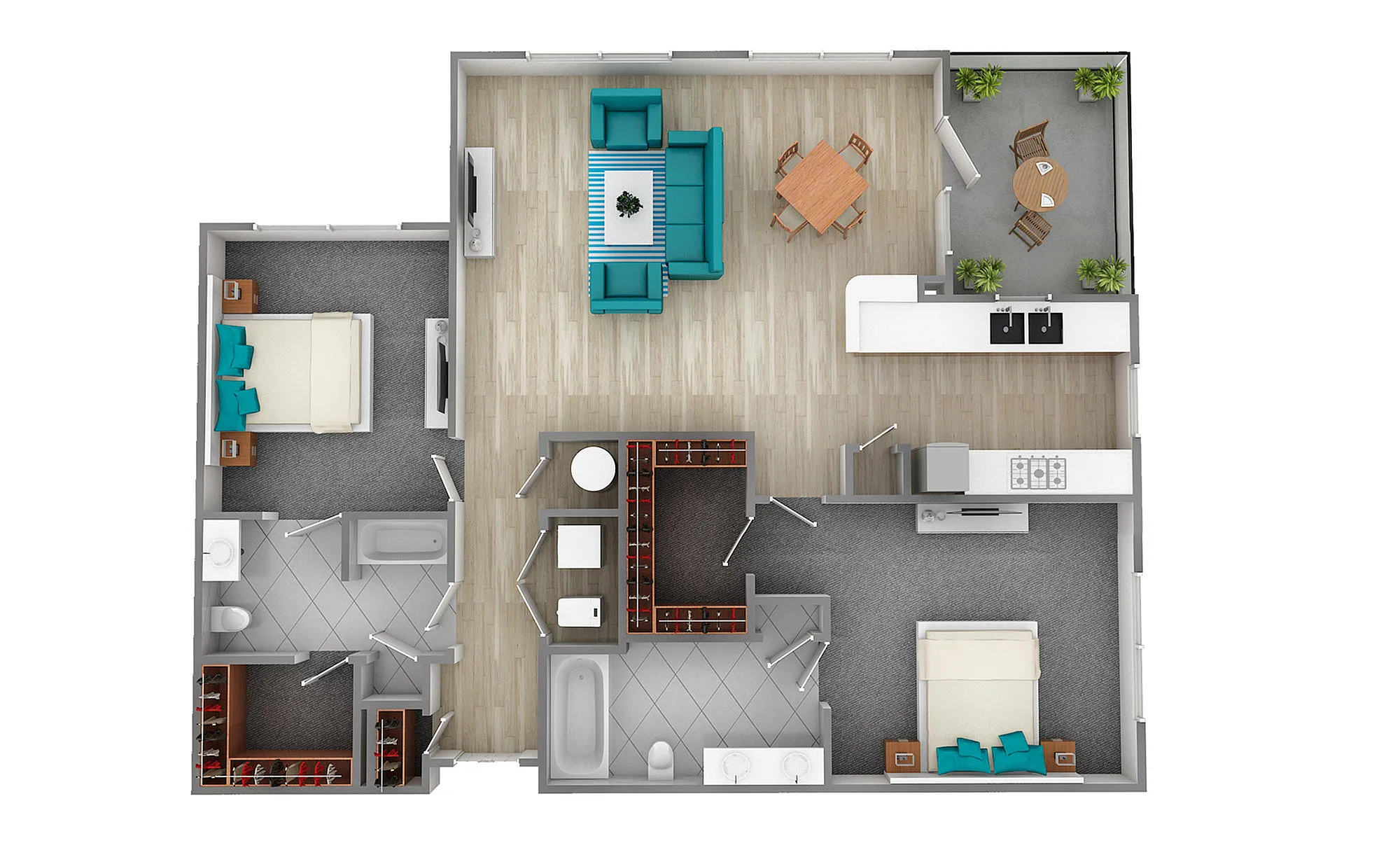 Bright 3D floor plan featuring two cozy bedrooms, a modern open-concept living area, and a sleek kitchen.