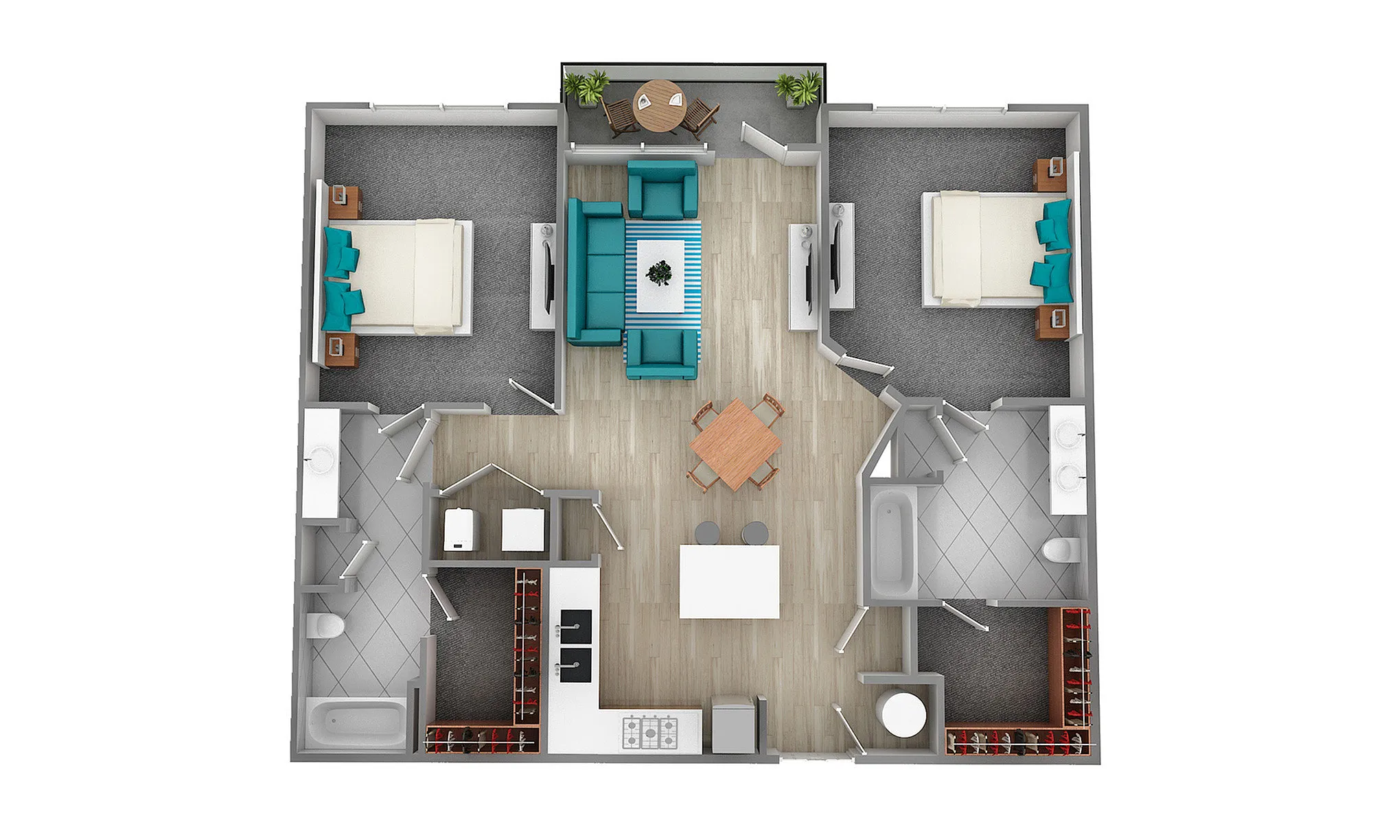 Elegant 3D floor plan featuring 2 bedrooms, modern kitchen with island, and open living area.