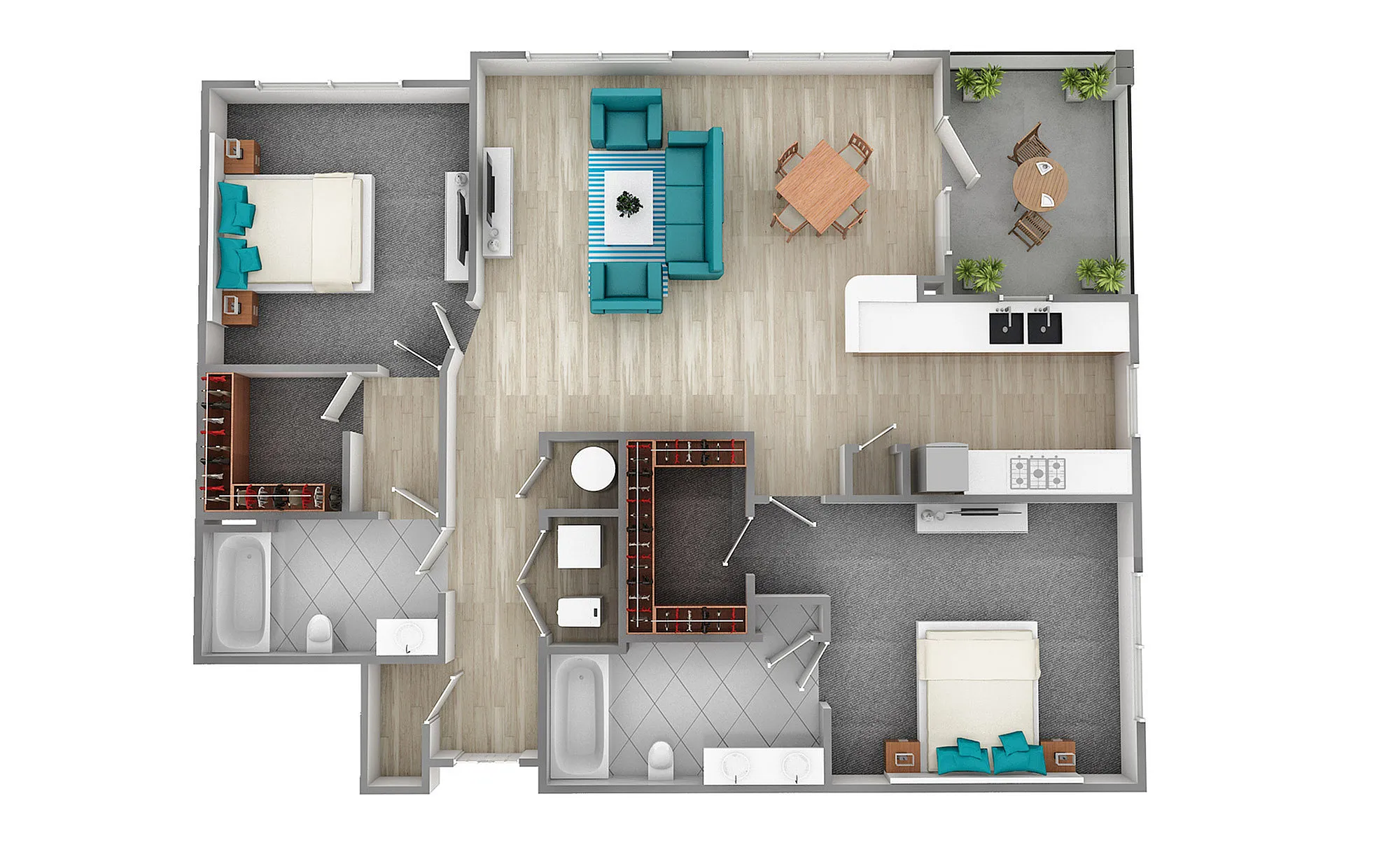 3D floor plan featuring 2 bedrooms, open living and dining area, and modern kitchen with outdoor patio.