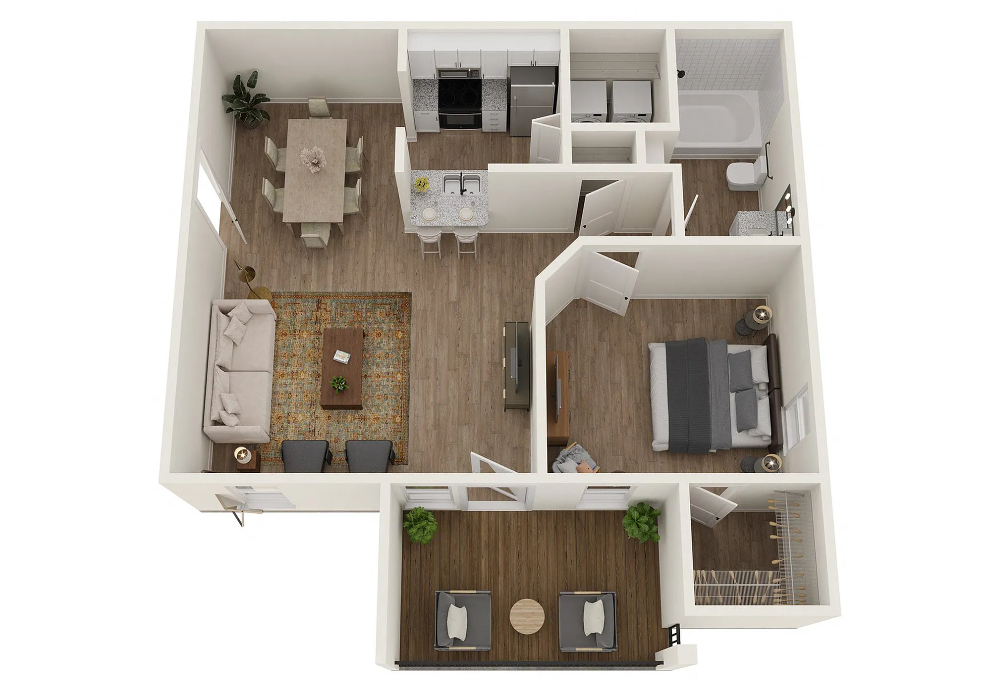 One-bedroom modern apartment floor plan with open living area, kitchen, and balcony.