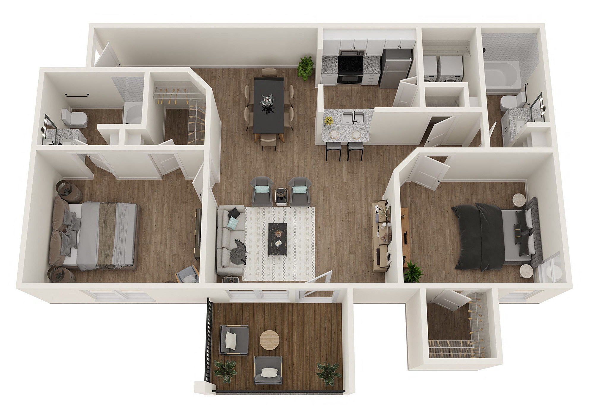 Detailed 2 bedroom, 2 bathroom apartment floor plan with open living space and balcony.