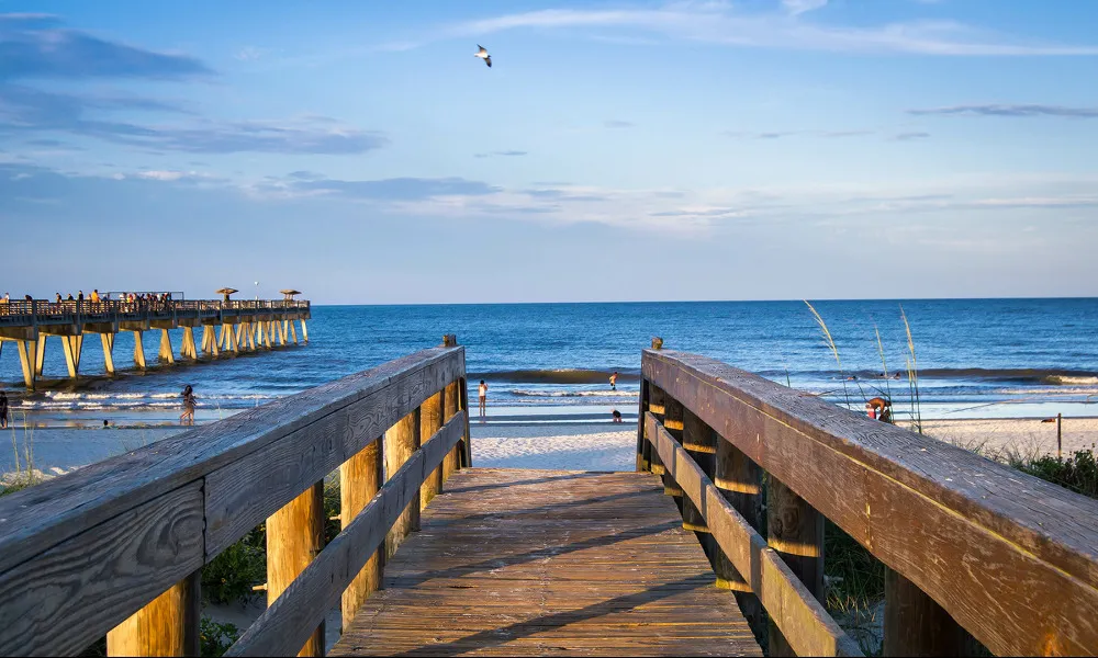 boardwalk to ocean in afternoon