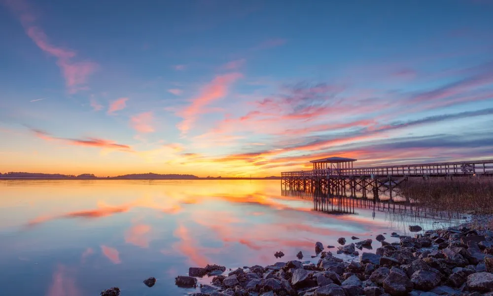 port royal beach and boardwalk at dusk