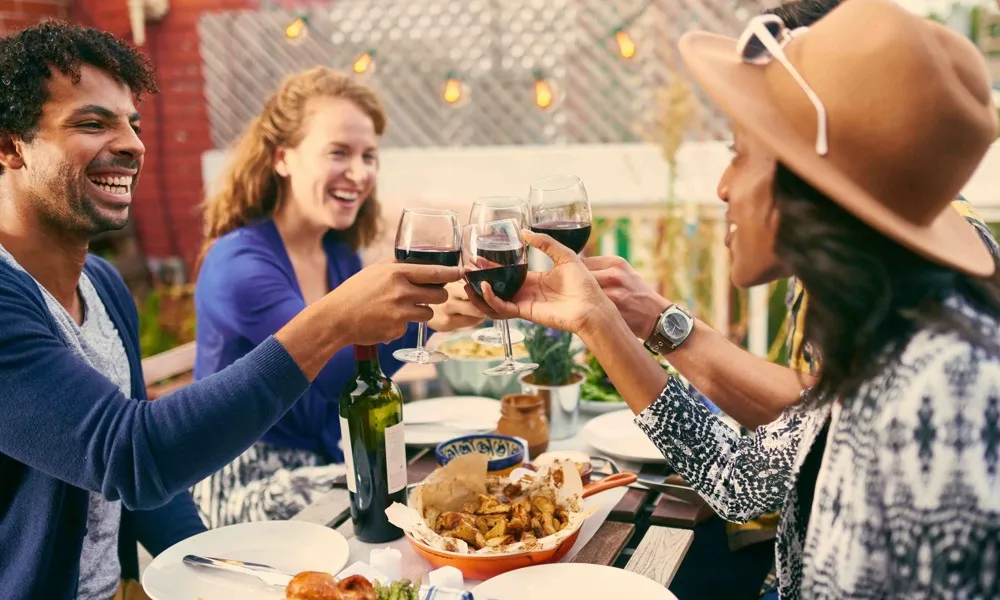 group of friends outdoor dining and toasting a glass of wine